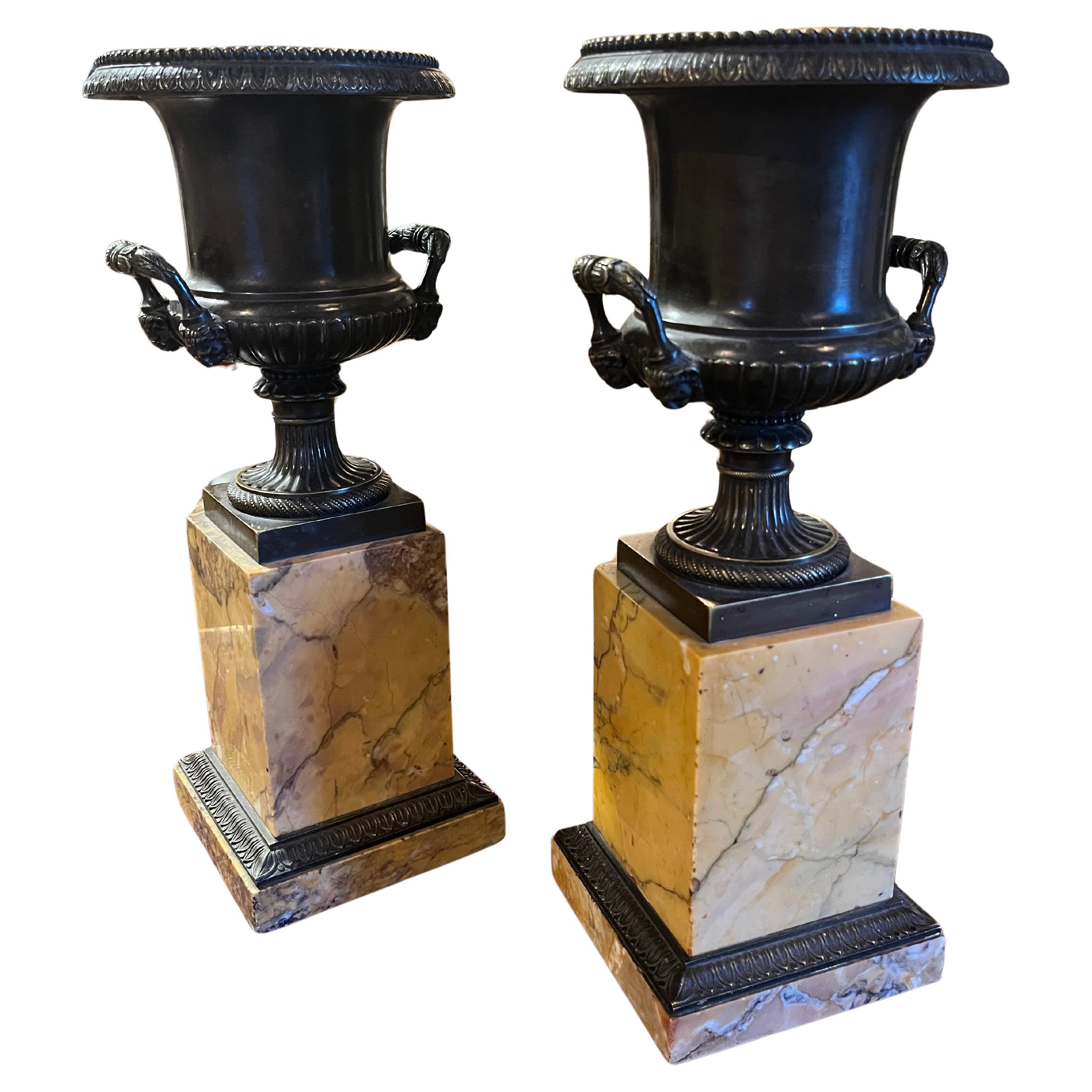 Coppia francese del XIX secolo di urne in bronzo e terra di Siena in vendita