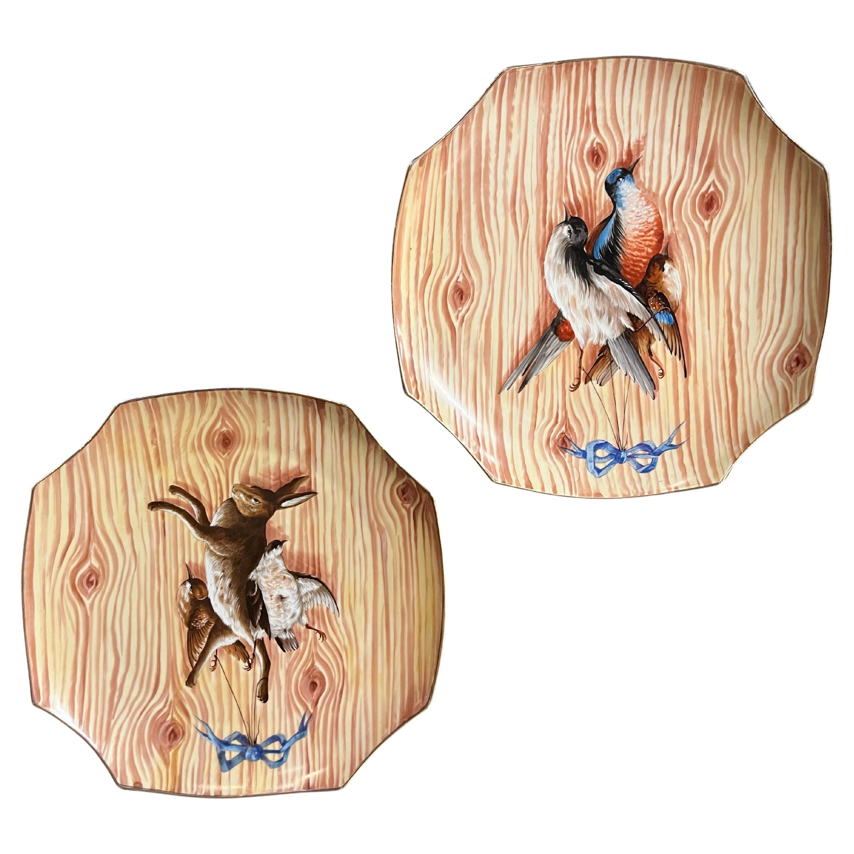 19th Century French Pair Faux Bois Porcelain Hunt Trophy