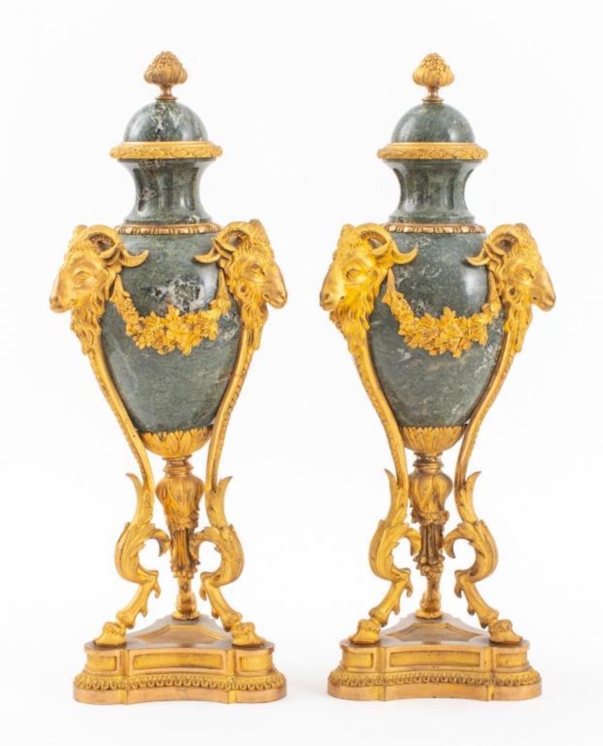 19th Century French Pair Gilt Bronze / Rouge Marble Garnitures / Urns For Sale 6