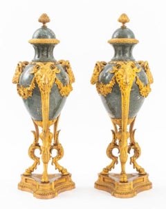 19th Century French Pair Gilt Bronze / Rouge Marble Garnitures / Urns