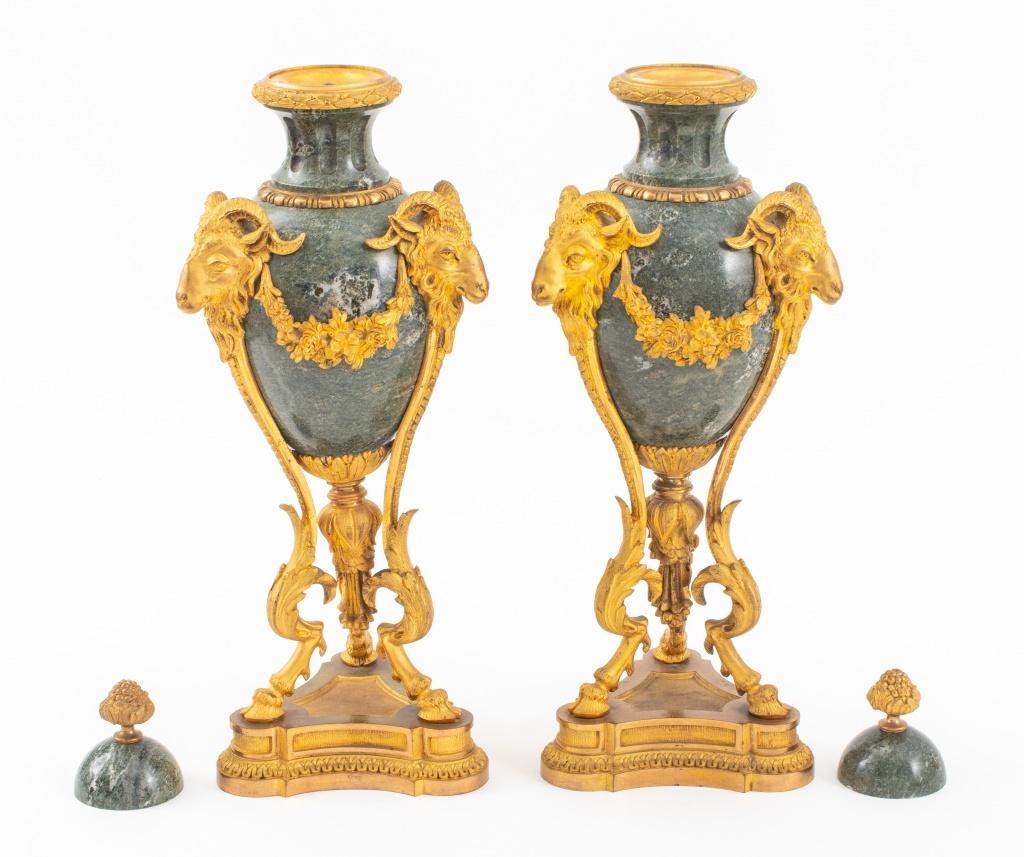Mid-19th Century 19th Century French Pair Gilt Bronze / Rouge Marble Garnitures / Urns For Sale