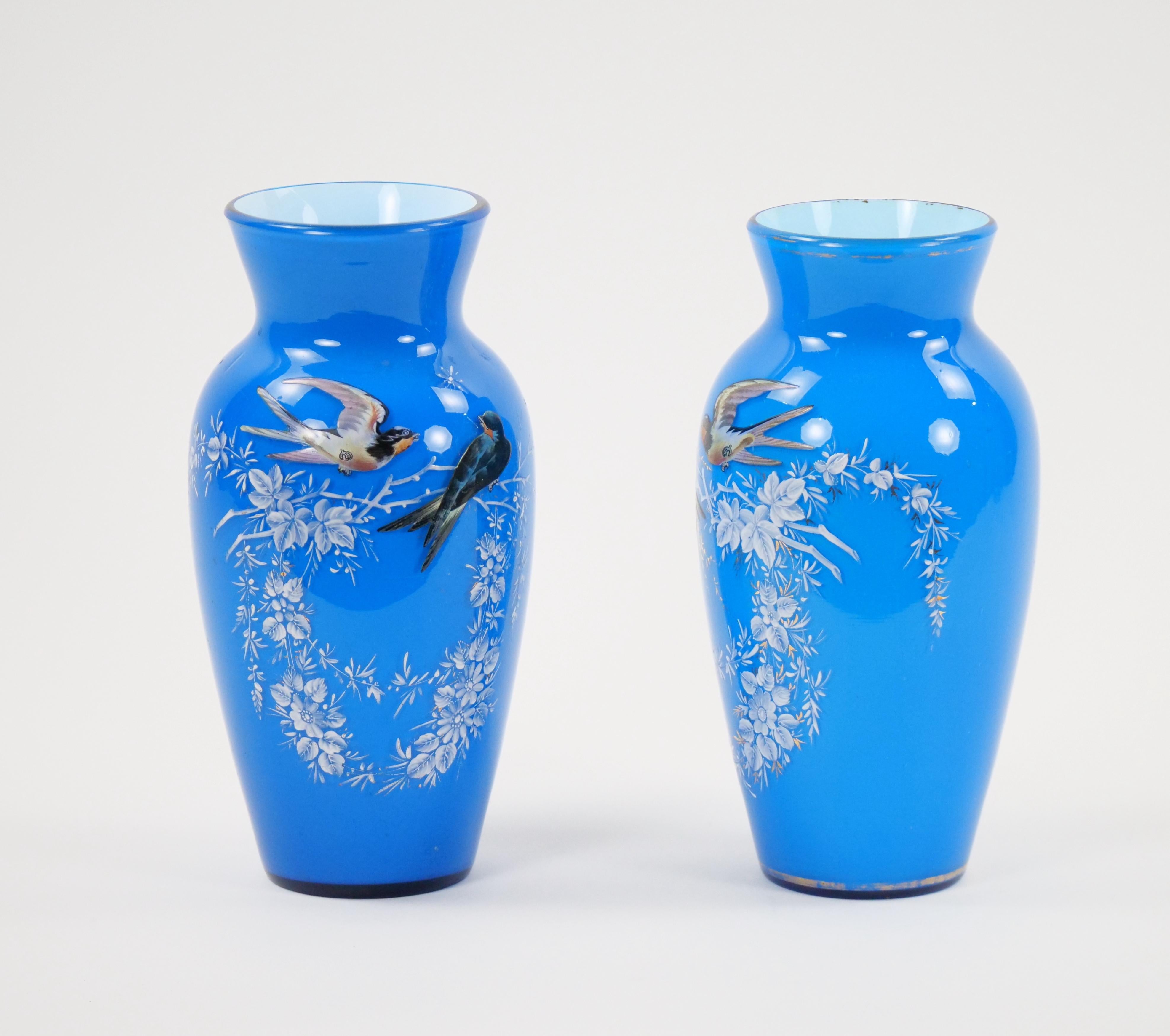 19th Century French Pair Hand Painted & Decorated Art Glass Vases In Good Condition For Sale In Tarry Town, NY