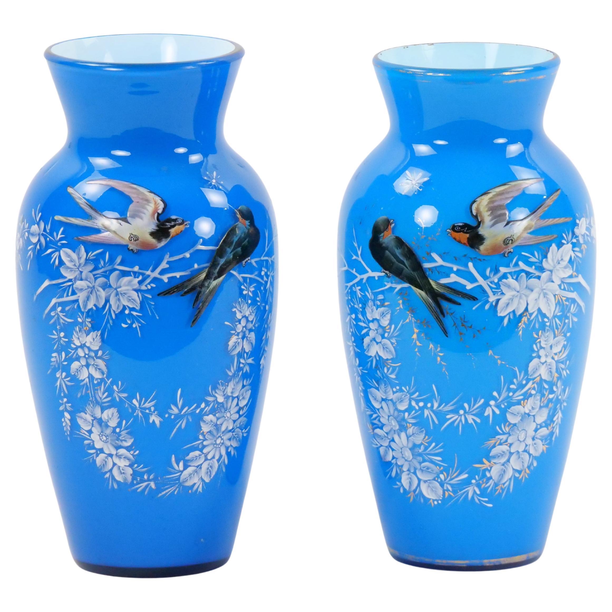 19th Century French Pair Hand Painted & Decorated Art Glass Vases For Sale