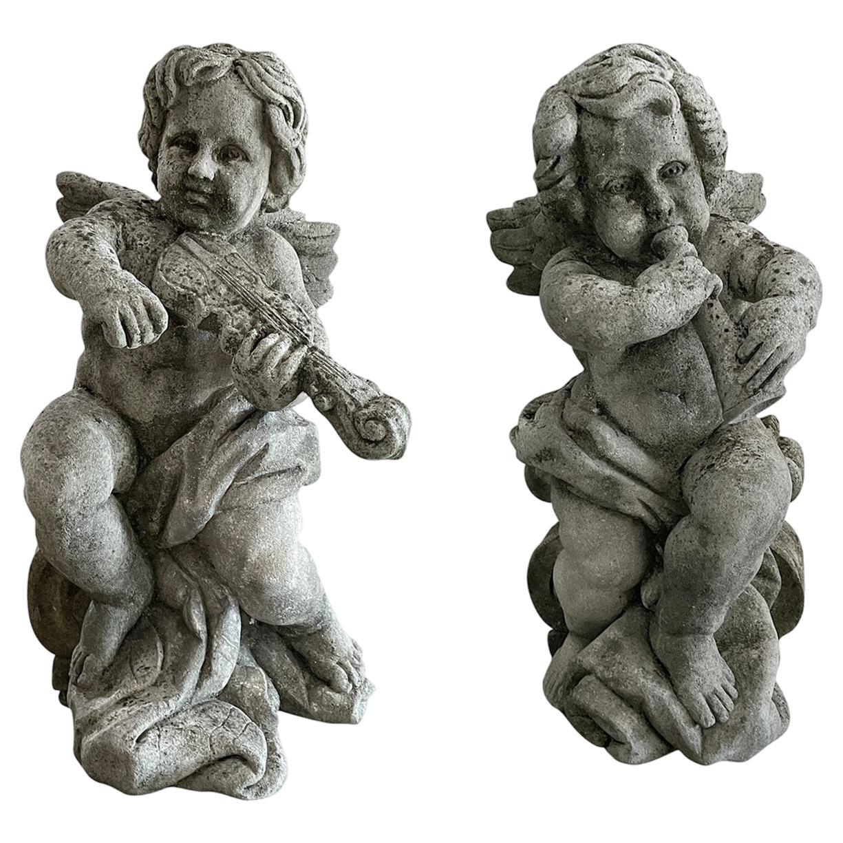 19th Century French Pair of Antique Limestone Cherubs - Les Anges de la Musique For Sale