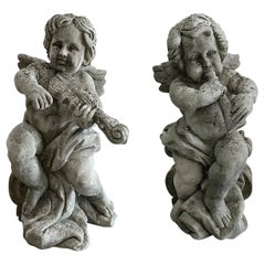19th Century French Pair of Antique Limestone Cherubs - Les Anges de la Musique