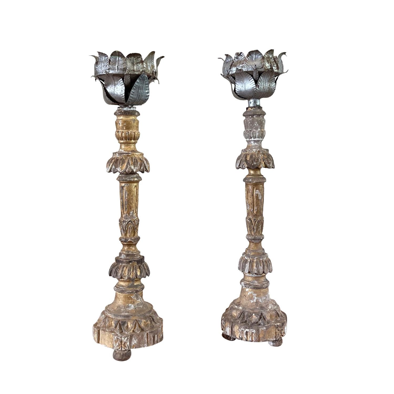 French Provincial 19th Century French Pair of Antique Pinewood Candle Holders For Sale