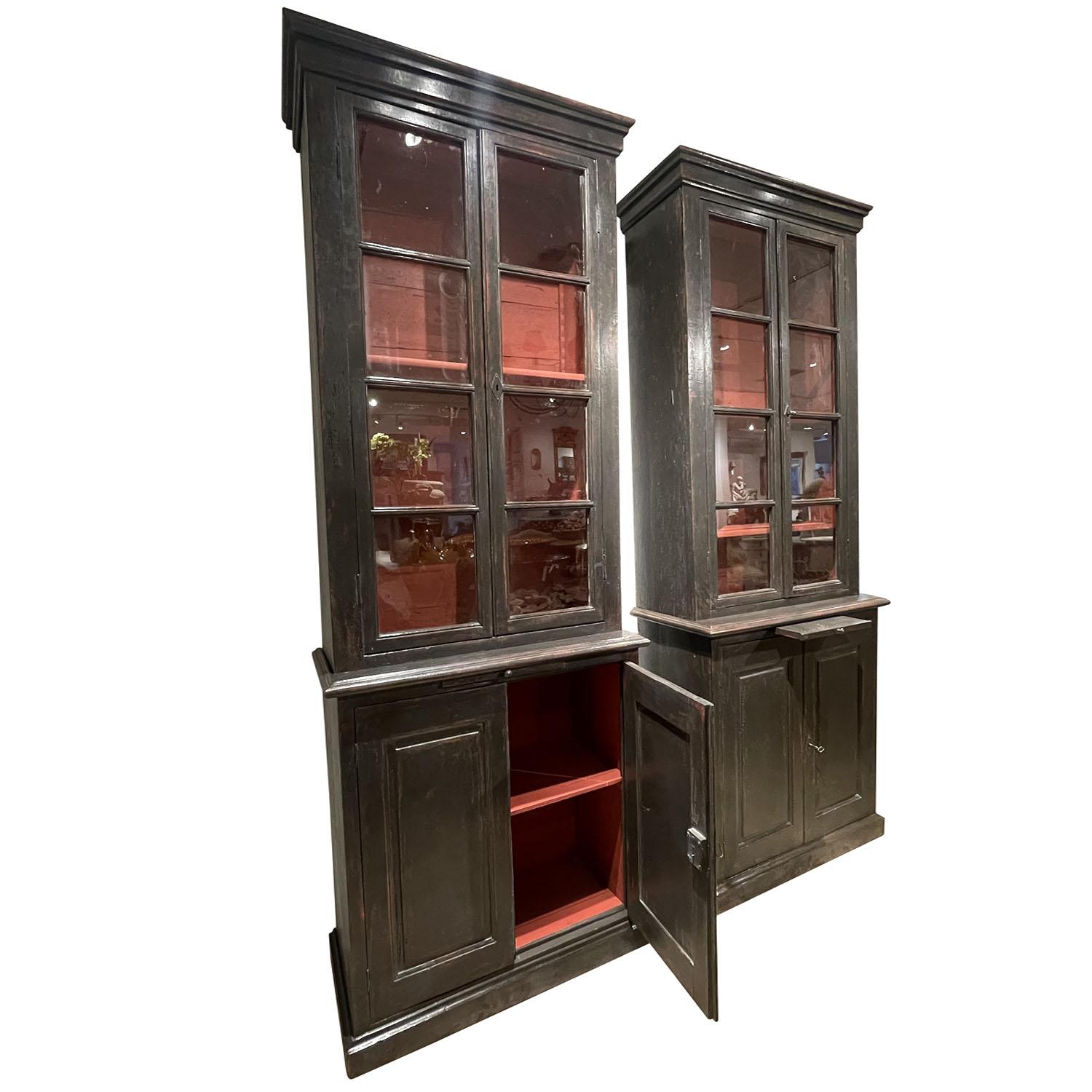 Hand-Carved 19th Century French Pair of Antique Provincial Sprucewood Bookcases, Cabinets For Sale