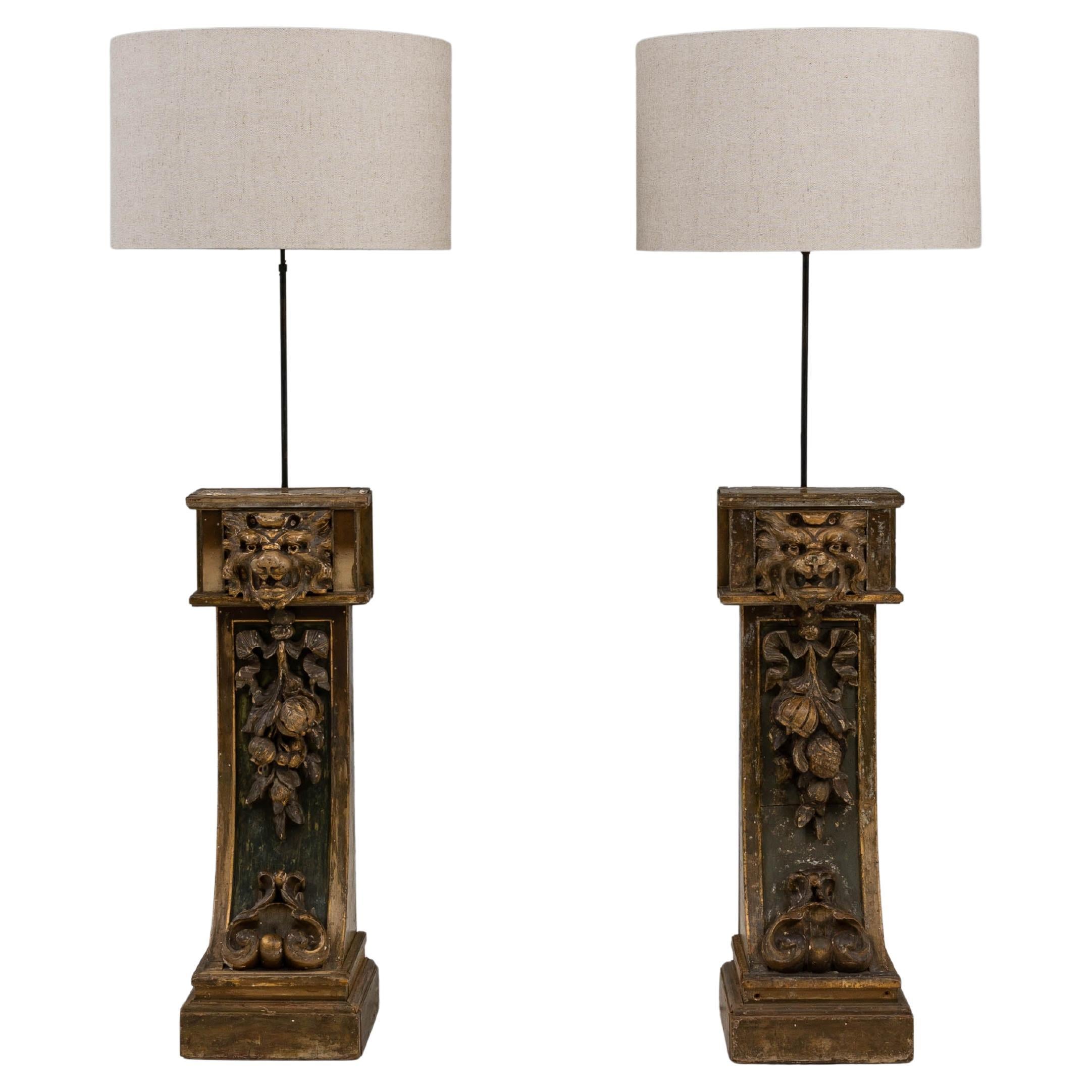 19th Century French Pair Of Architectural Carved Wooden Floor Lamps