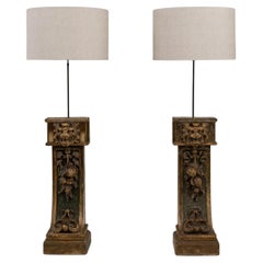 19th Century French Pair Of Architectural Carved Wooden Floor Lamps