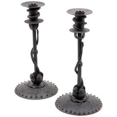 19th Century French Pair of Arts and Crafts Bronze Candlesticks
