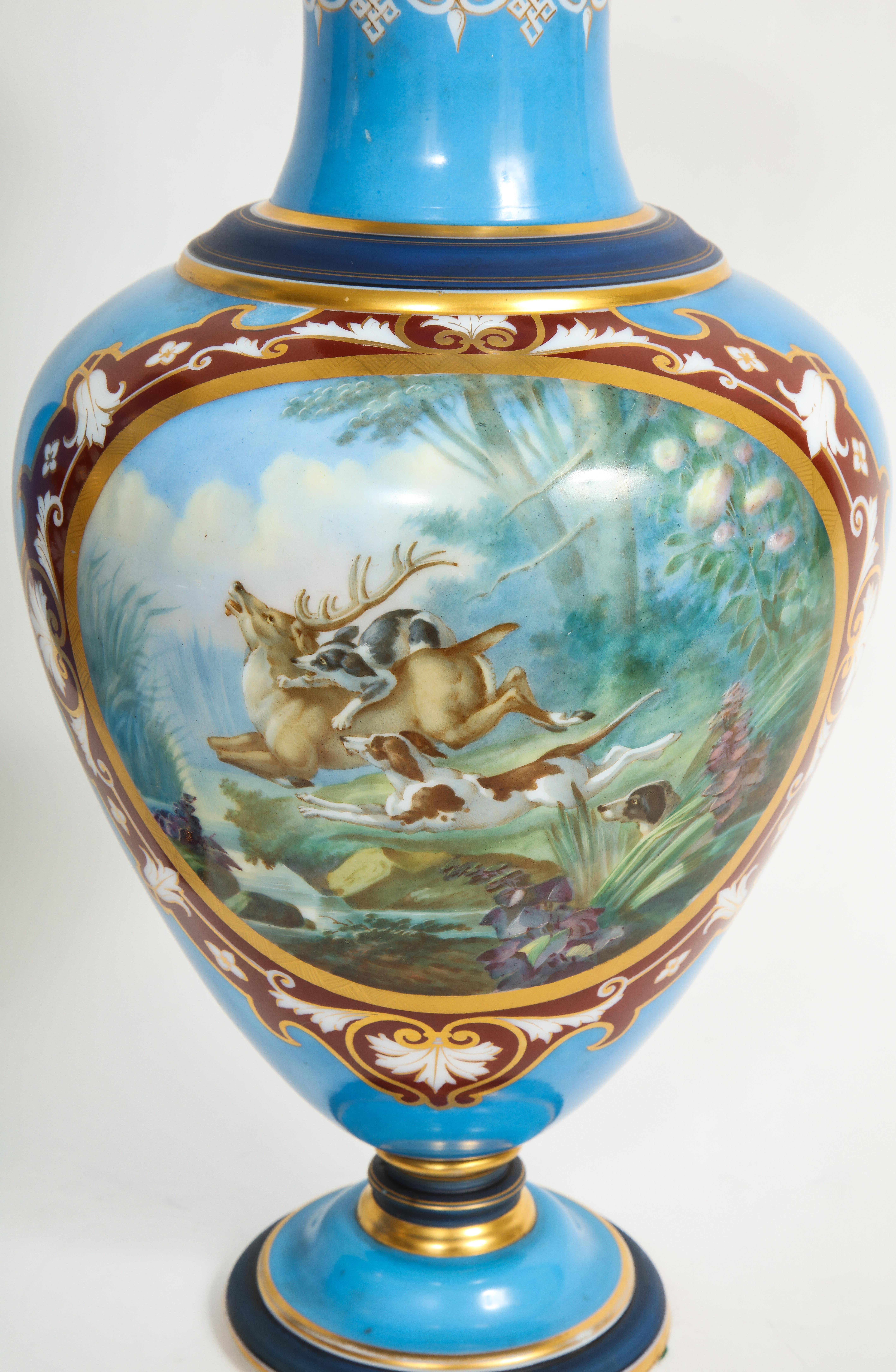 19th Century French Pair of Baccarat Enameled Opaline Vases with Hunting Scenes For Sale 6