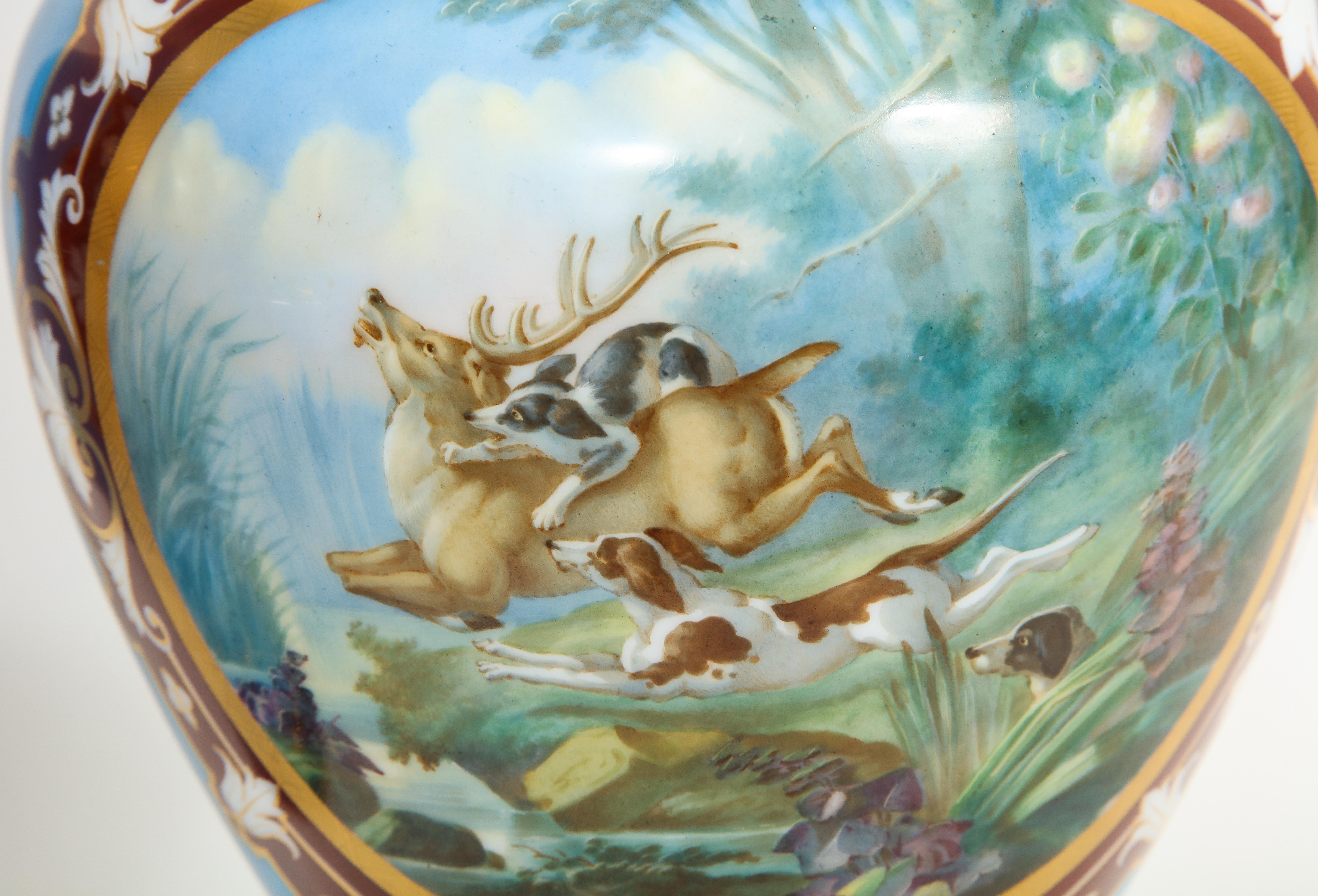19th Century French Pair of Baccarat Enameled Opaline Vases with Hunting Scenes For Sale 8
