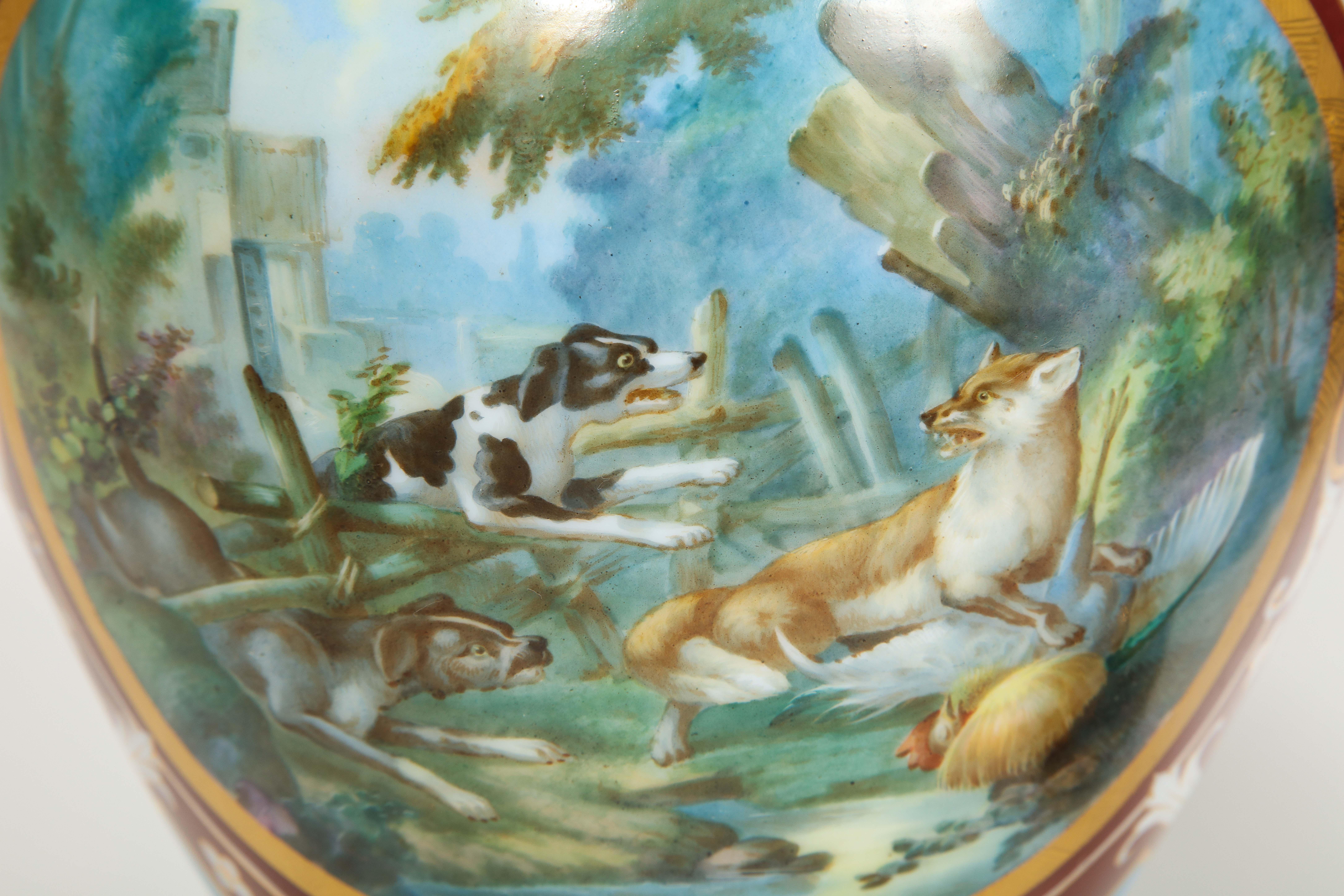 19th Century French Pair of Baccarat Enameled Opaline Vases with Hunting Scenes For Sale 9