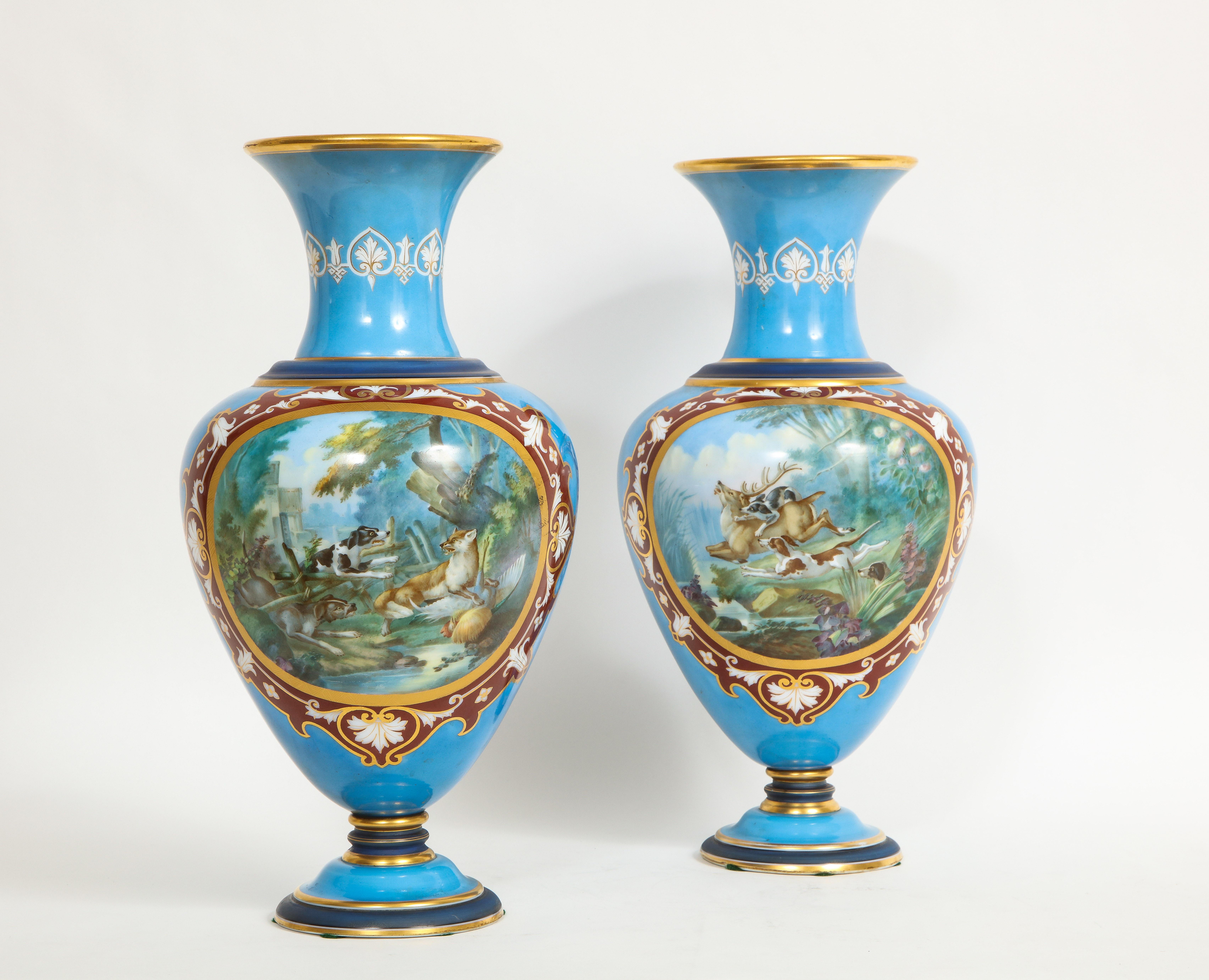 Crystal 19th Century French Pair of Baccarat Enameled Opaline Vases with Hunting Scenes For Sale