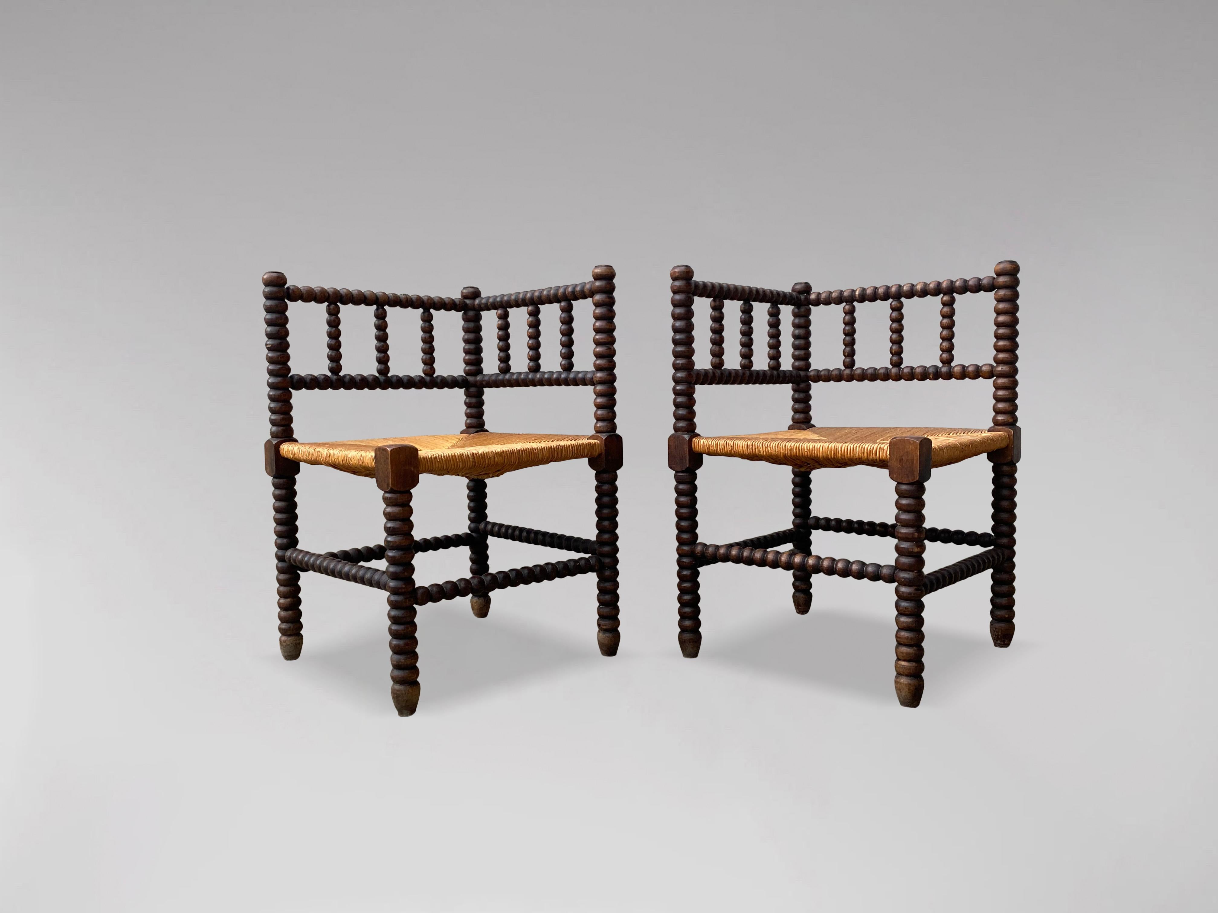 Hand-Crafted 19th Century French Pair of Bobbin Corner Chairs