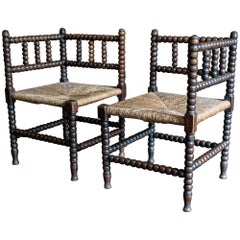 Antique 19th Century French Pair of Bobbin Corner Chairs