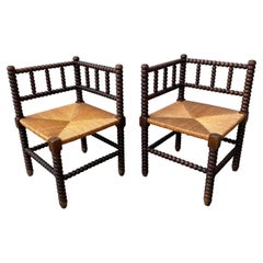 Antique 19th Century French Pair of Bobbin Corner Chairs