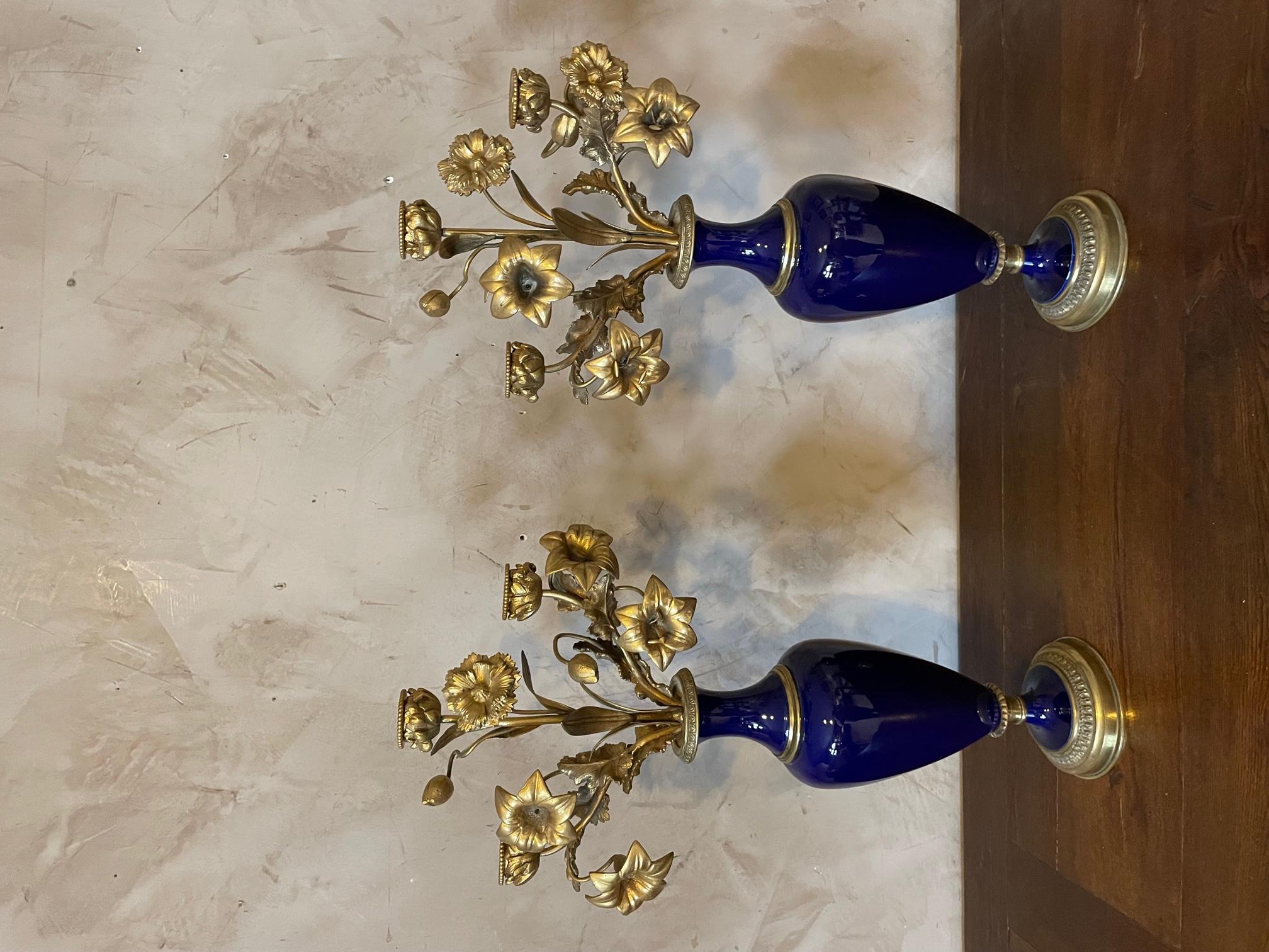 19th Century French Pair of Bronze and Blue Sevres Porcelain Candelabras In Good Condition For Sale In LEGNY, FR