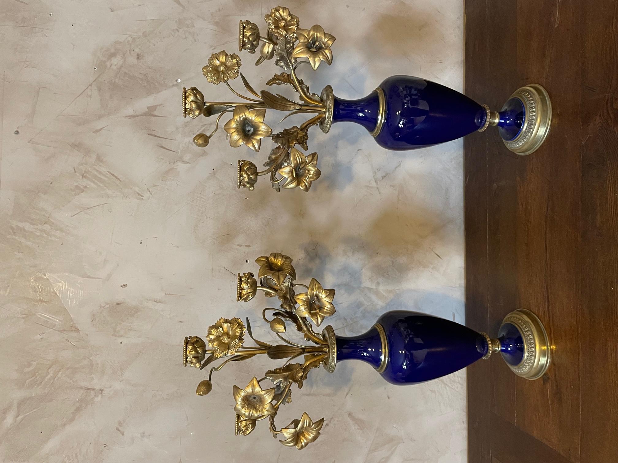 19th Century French Pair of Bronze and Blue Sevres Porcelain Candelabras For Sale 1