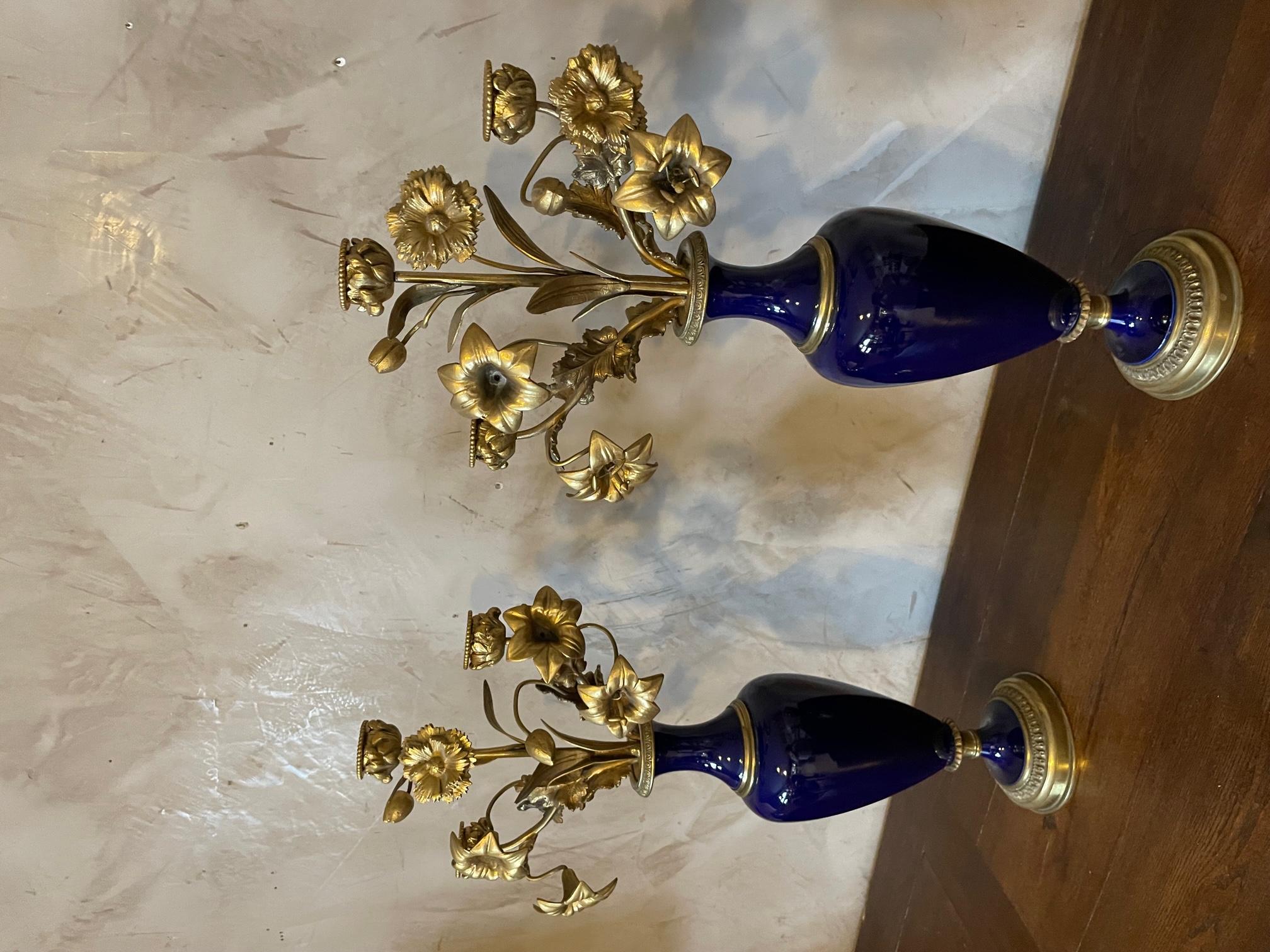 19th Century French Pair of Bronze and Blue Sevres Porcelain Candelabras For Sale 2
