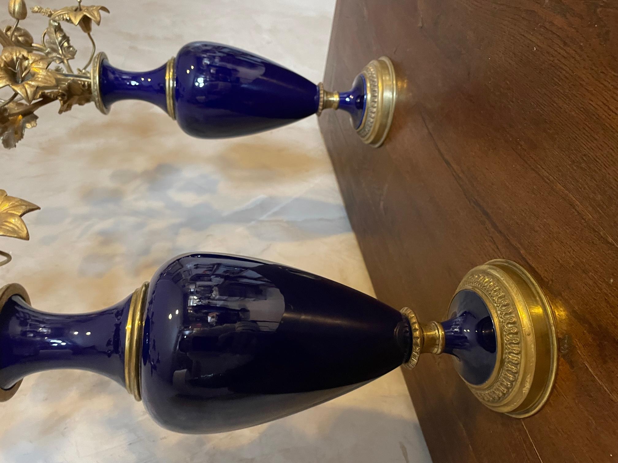 19th Century French Pair of Bronze and Blue Sevres Porcelain Candelabras For Sale 5