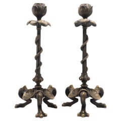Antique 19th Century French Pair of Bronze Candlesticks in the Style of Victor Paillard