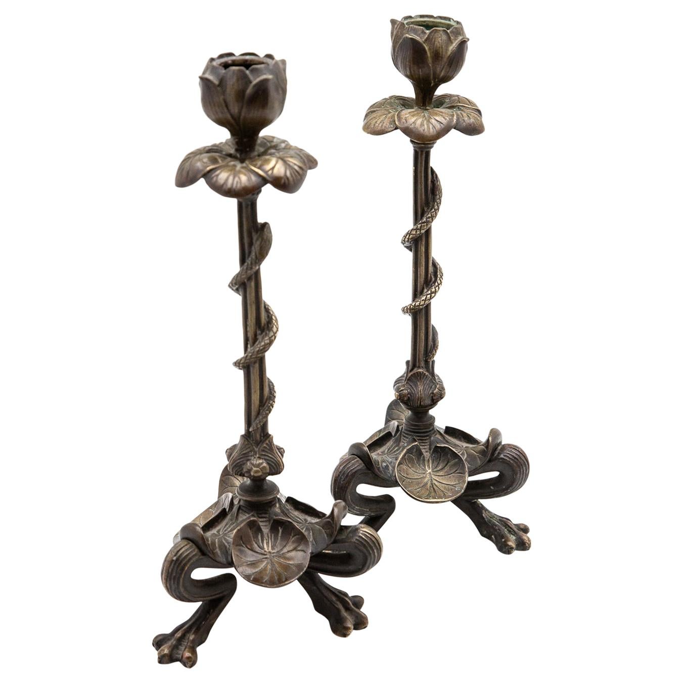 19th Century French Pair of Bronze Candlesticks in the Style of Victor Paillard
