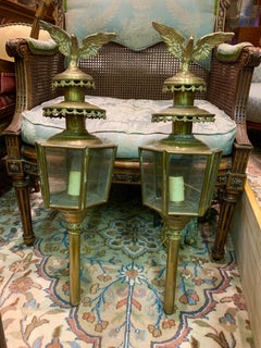 19th Century French Pair of Brass Carriage Lanterns with Eagles on the Top