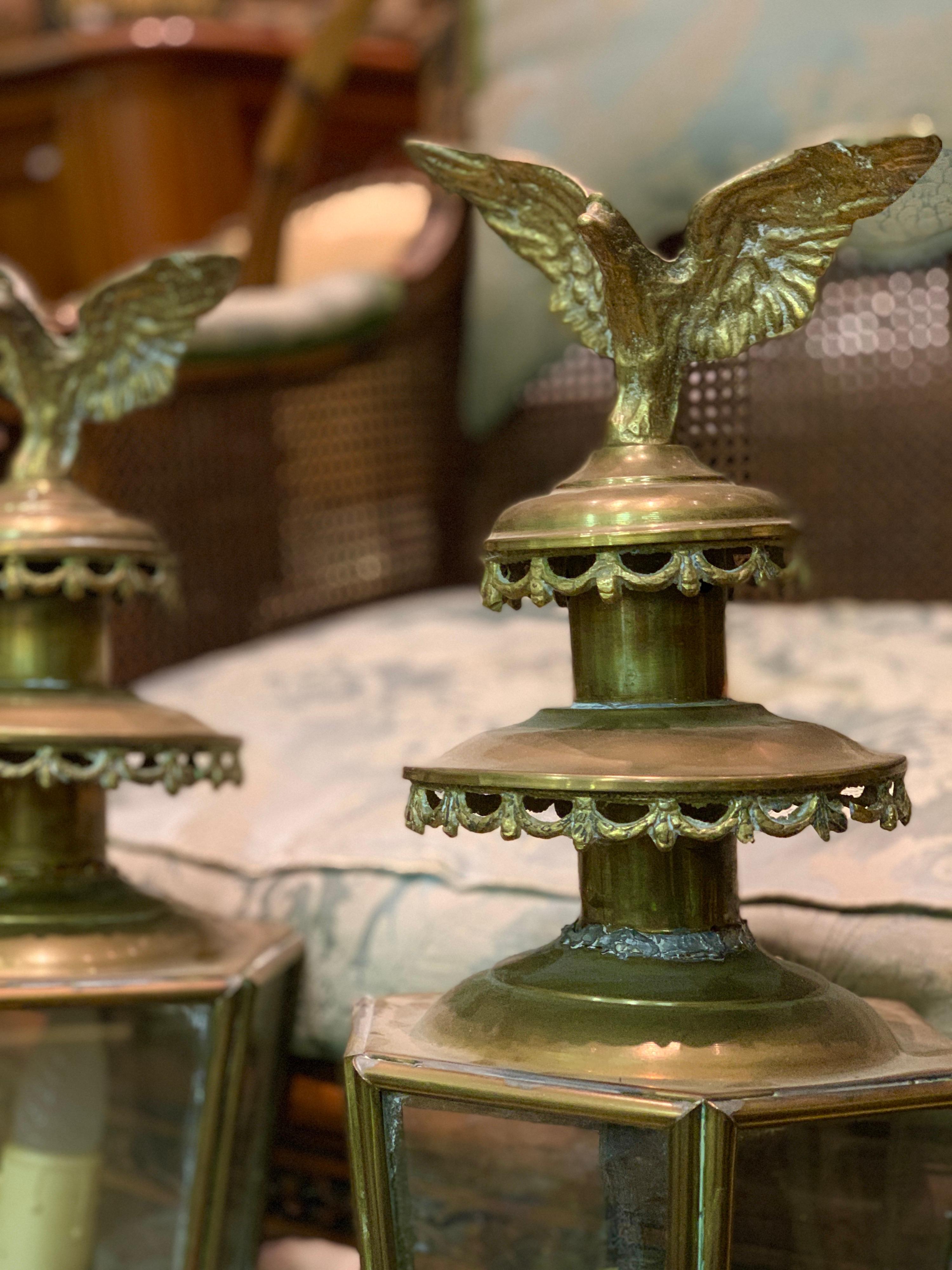 19th Century French Pair of Brass Carriage Lanterns with Eagles on the Top For Sale 1