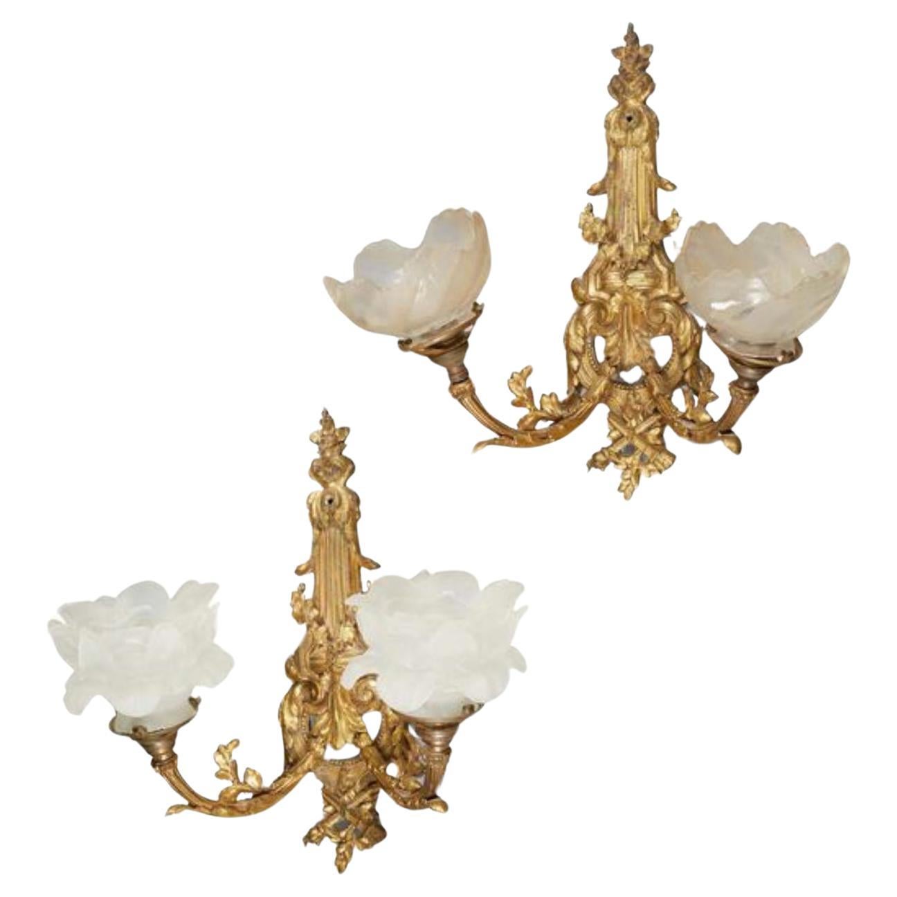 19th Century French Pair of Bronze Gilded Sconces with Crystal Flowers