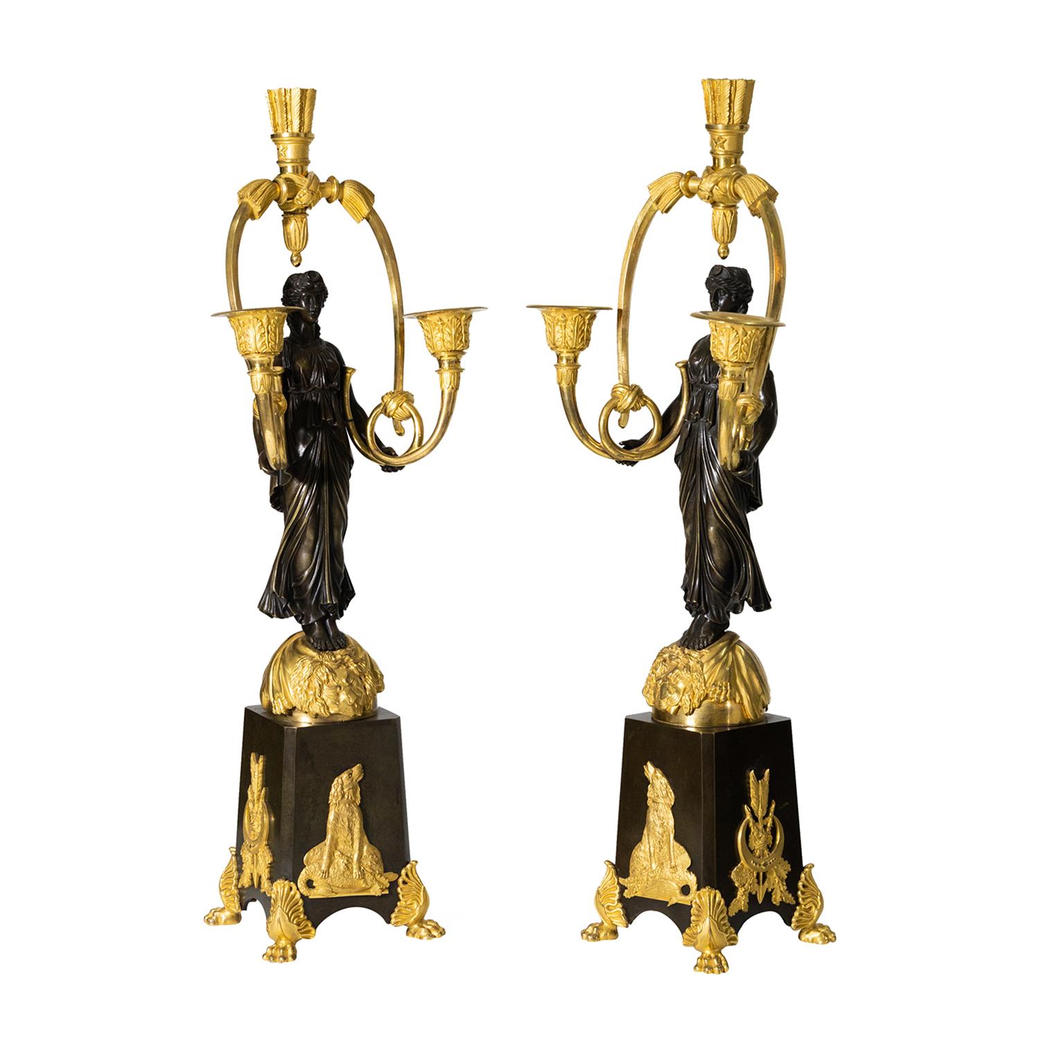 Französisches Paar Bronze Girandolen aus dem 19. Jahrhundert, Friedrich Bergenfeld zugeschrieben (Empire) im Angebot