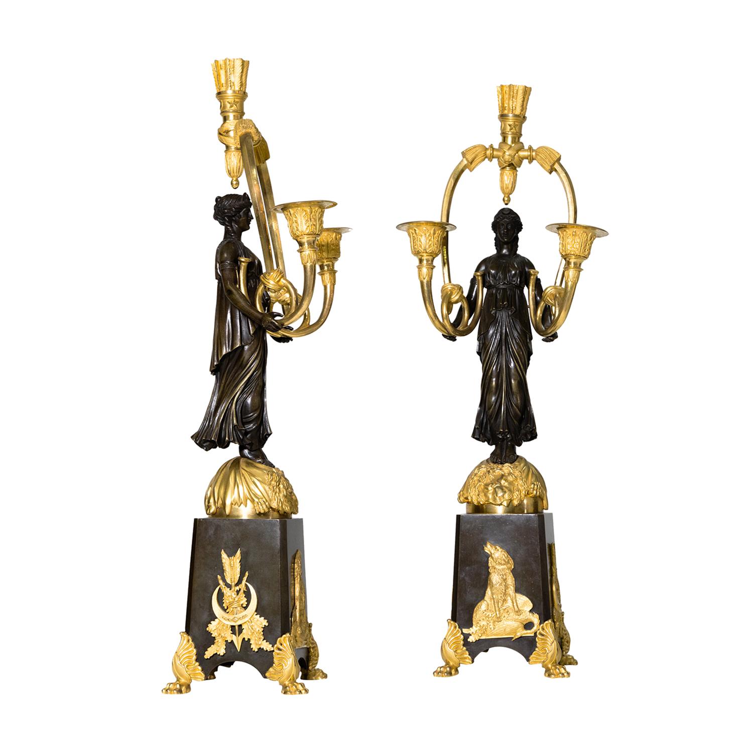 Polished 19th Century French Pair of Bronze Girandoles Attributed to Friedrich Bergenfeld For Sale