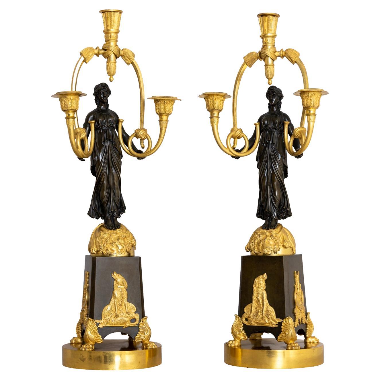Paire de girandoles françaises en bronze du 19ème siècle attribuées à Friedrich Bergenfeld