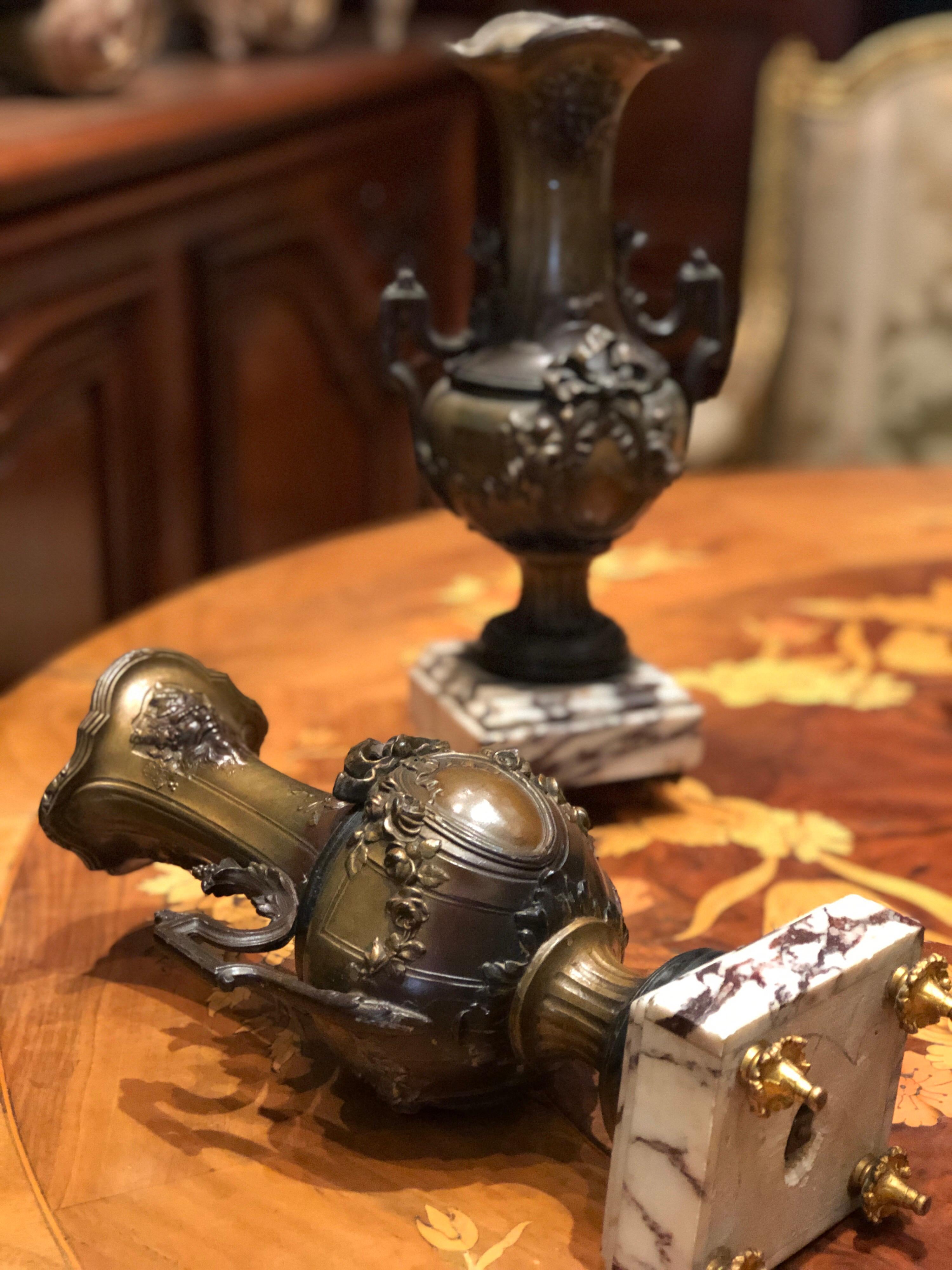 19th Century French Pair of Bronze Vases in Brown Patina on Marble Base For Sale 7