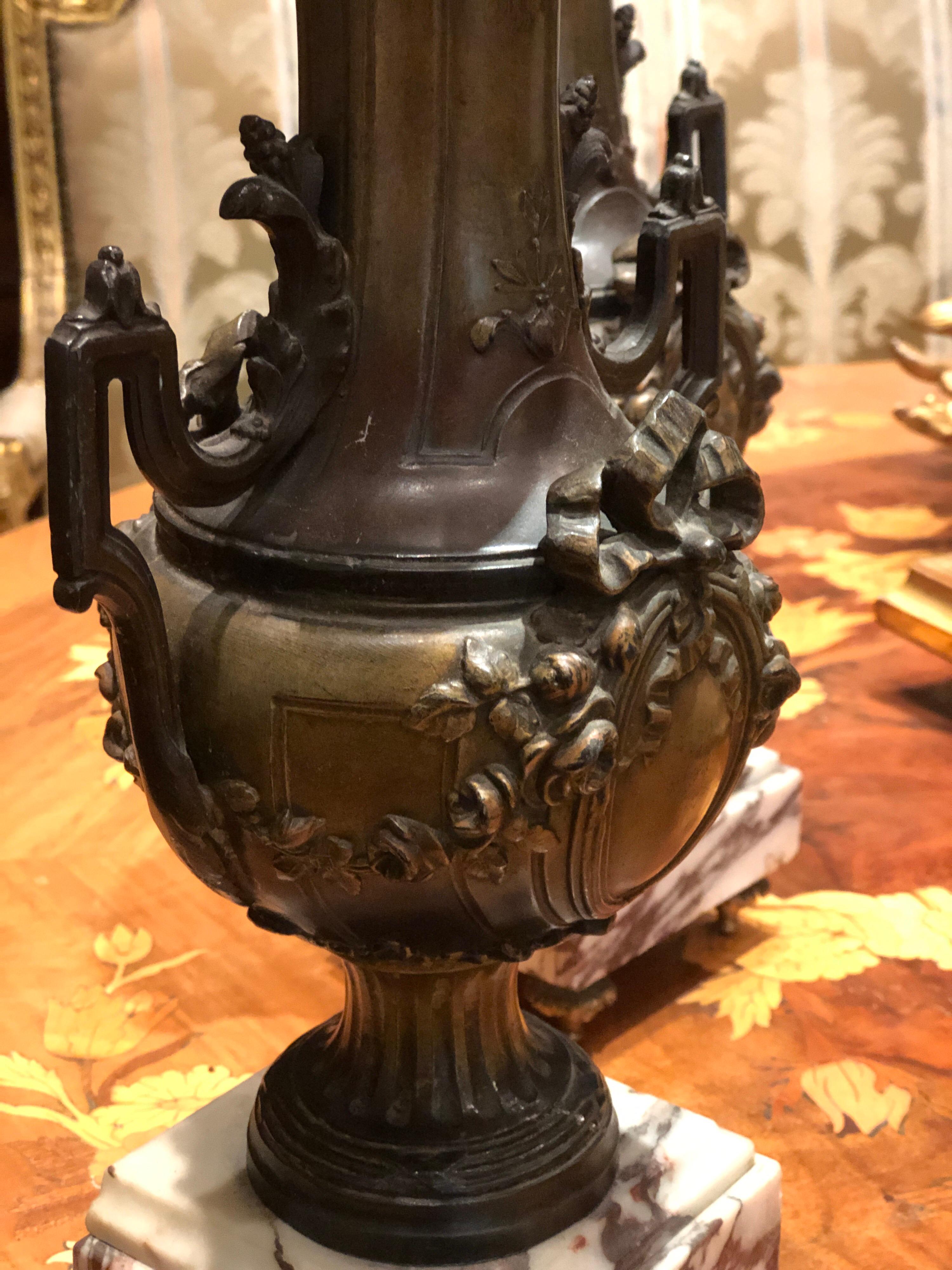 19th Century French Pair of Bronze Vases in Brown Patina on Marble Base For Sale 5