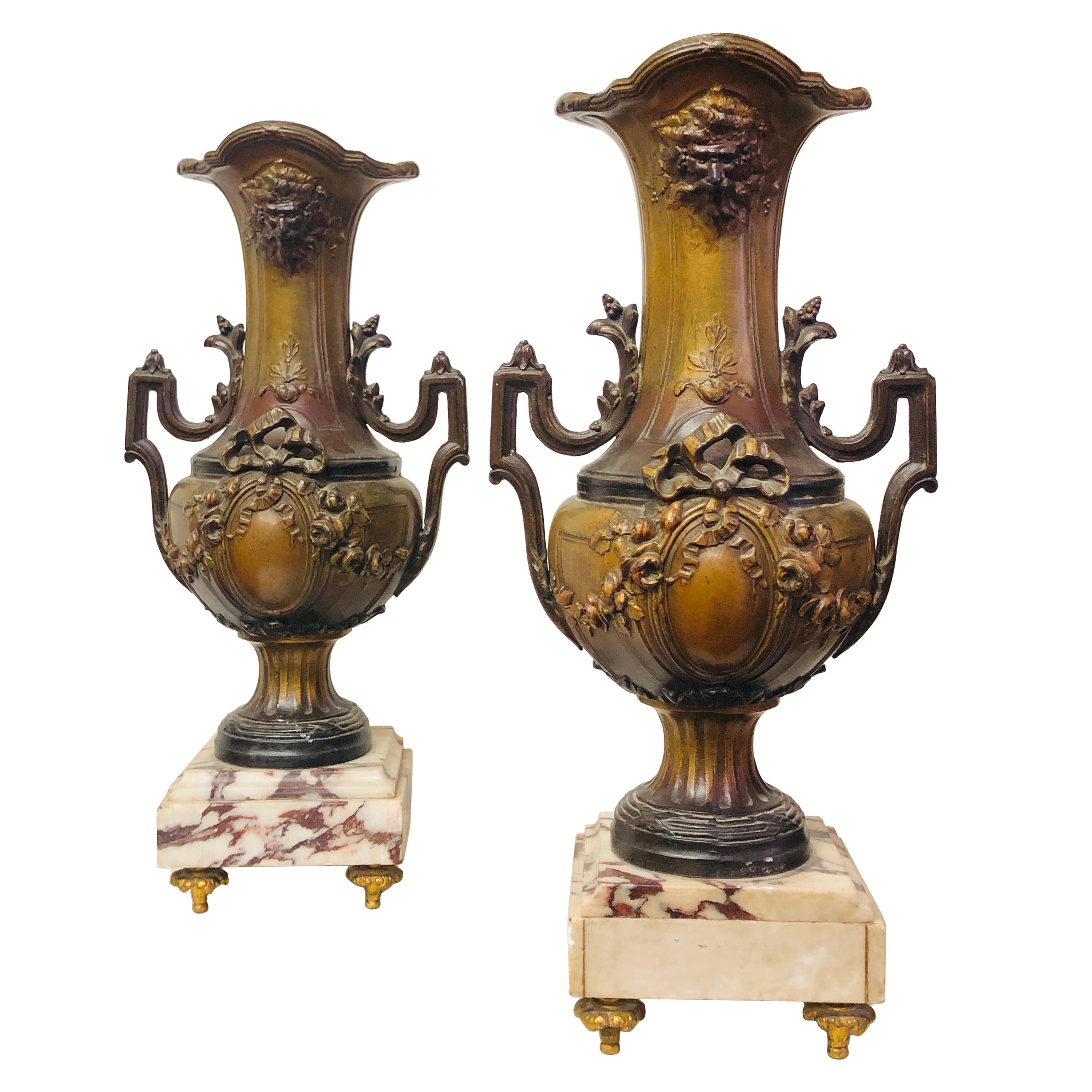 19th Century French Pair of Bronze Vases in Brown Patina on Marble Base