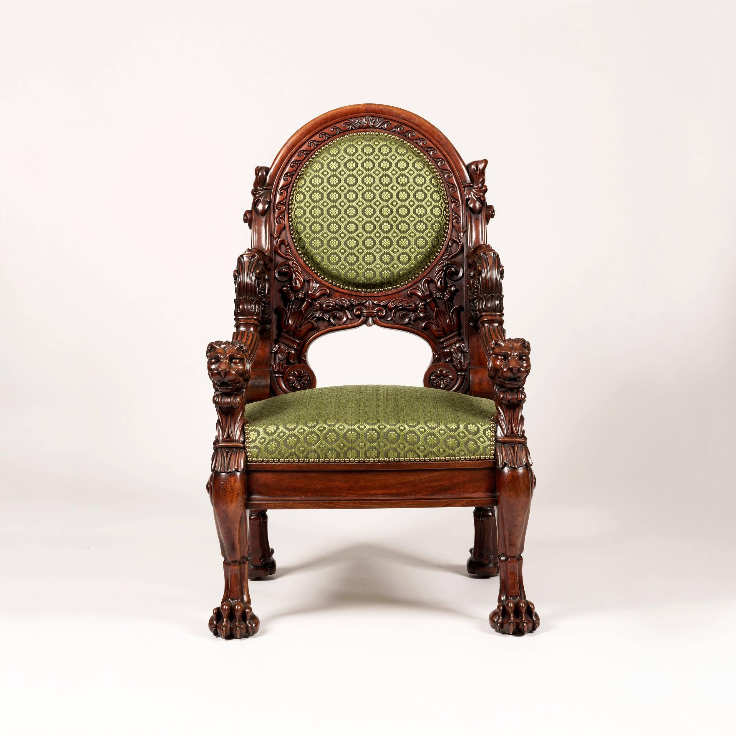 19th Century French Pair of Carved Mahogany and Green Horsehair Fabric Armchairs In Excellent Condition For Sale In London, GB