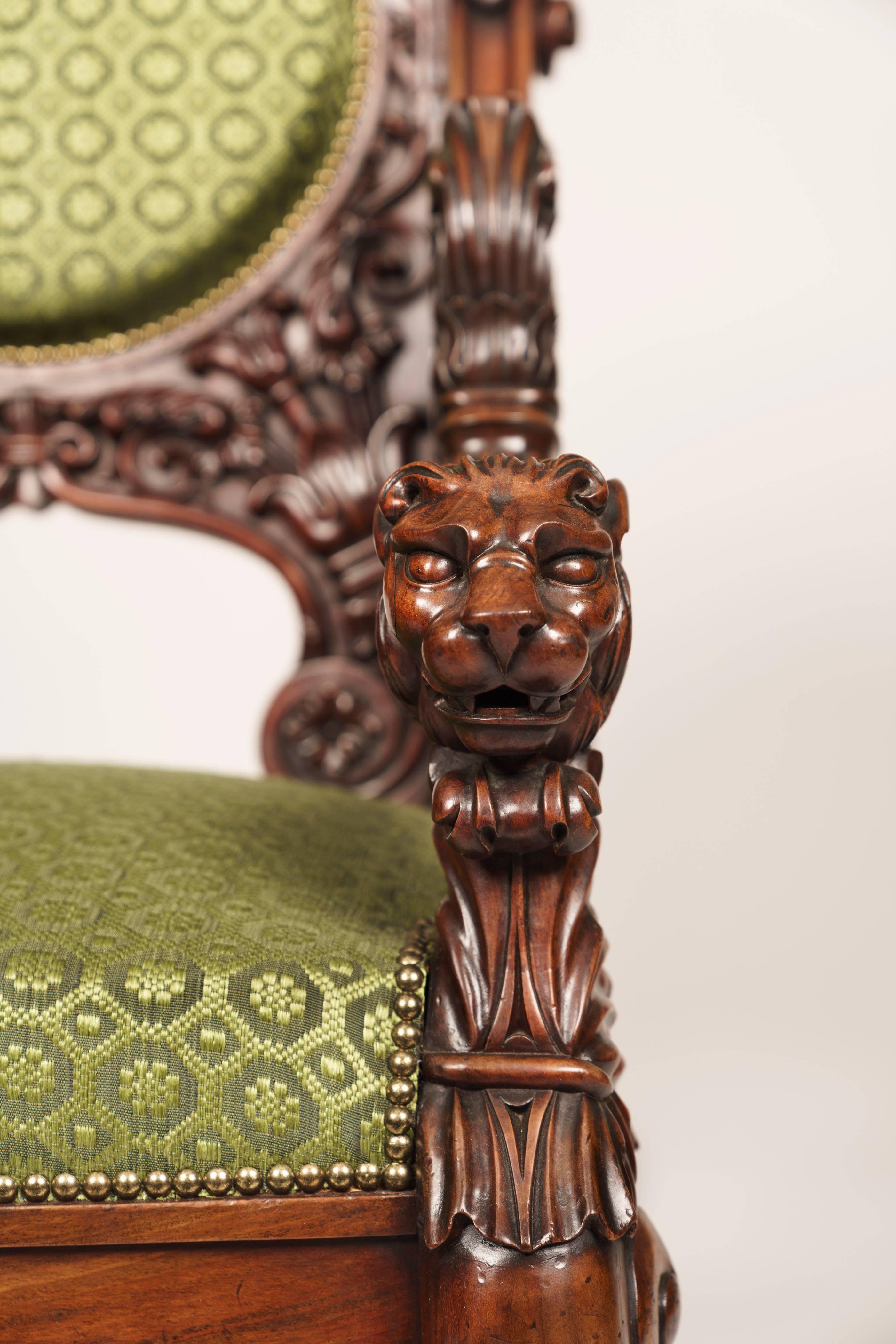 19th Century French Pair of Carved Mahogany and Green Horsehair Fabric Armchairs For Sale 1