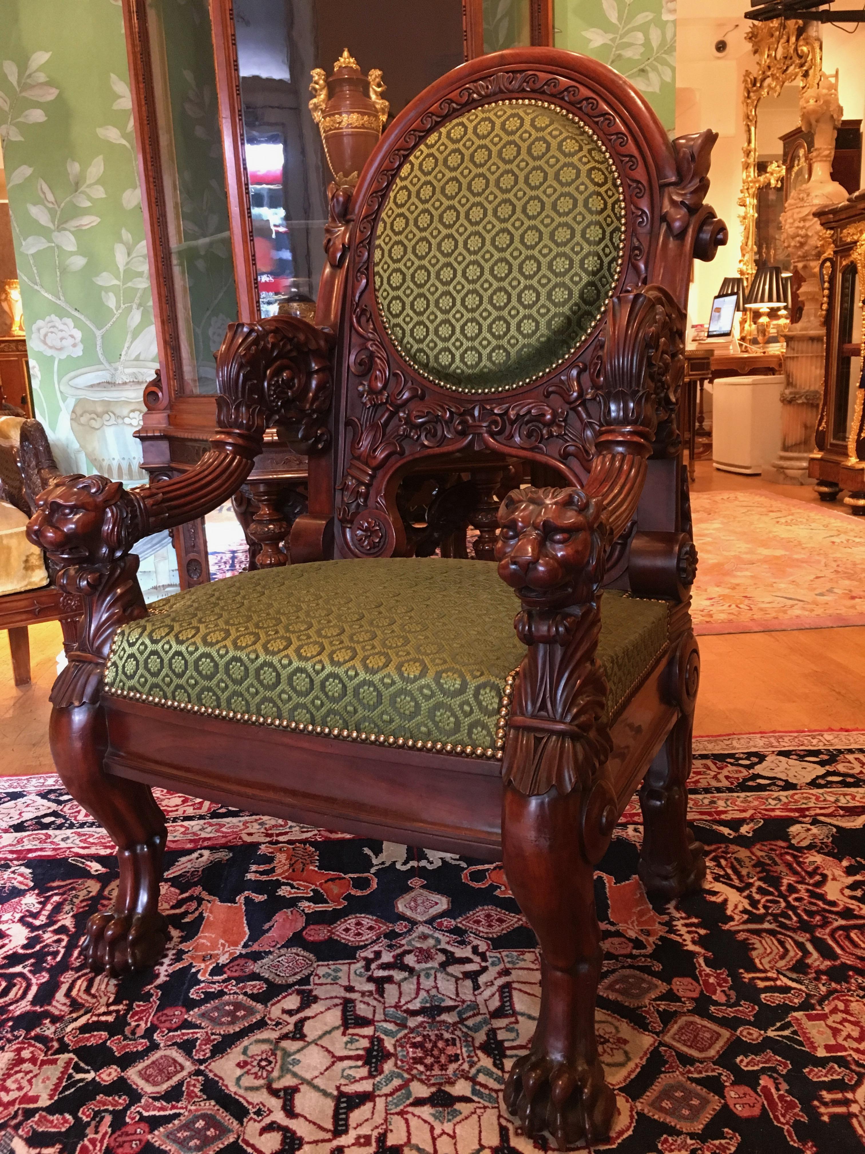19th Century French Pair of Carved Mahogany and Green Horsehair Fabric Armchairs For Sale 5