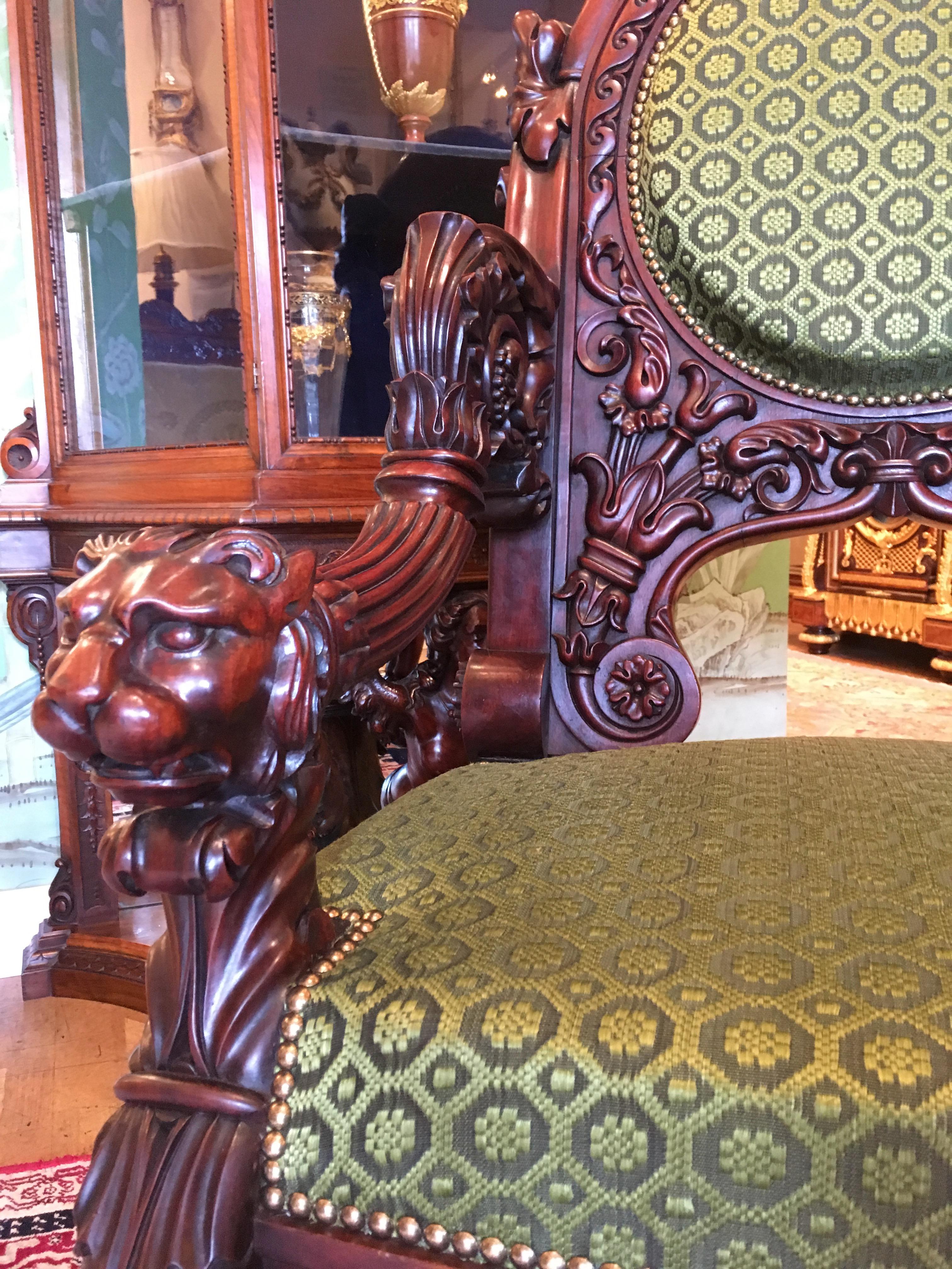 19th Century French Pair of Carved Mahogany and Green Horsehair Fabric Armchairs For Sale 6