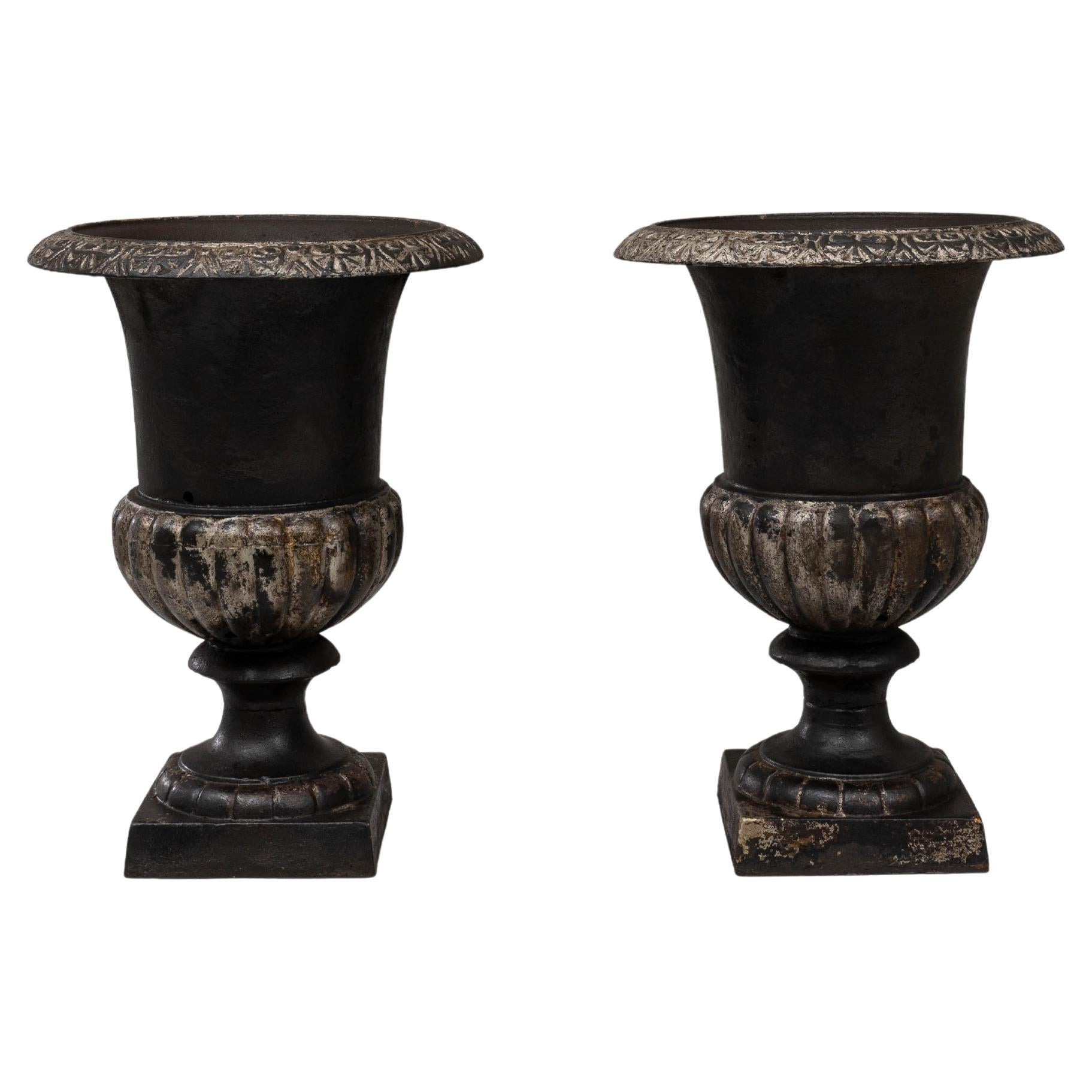 19th Century French Pair of Cast Iron Campagna Urn Planters