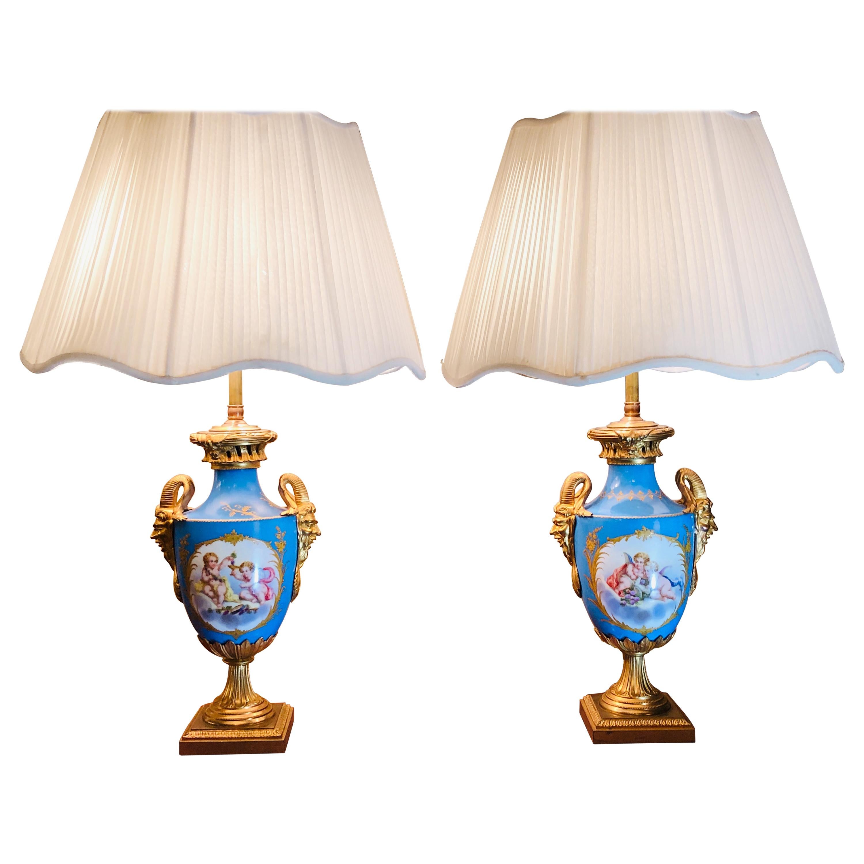 19th Century French Pair of Celeste Blue Ground "Sevres Style" Vases