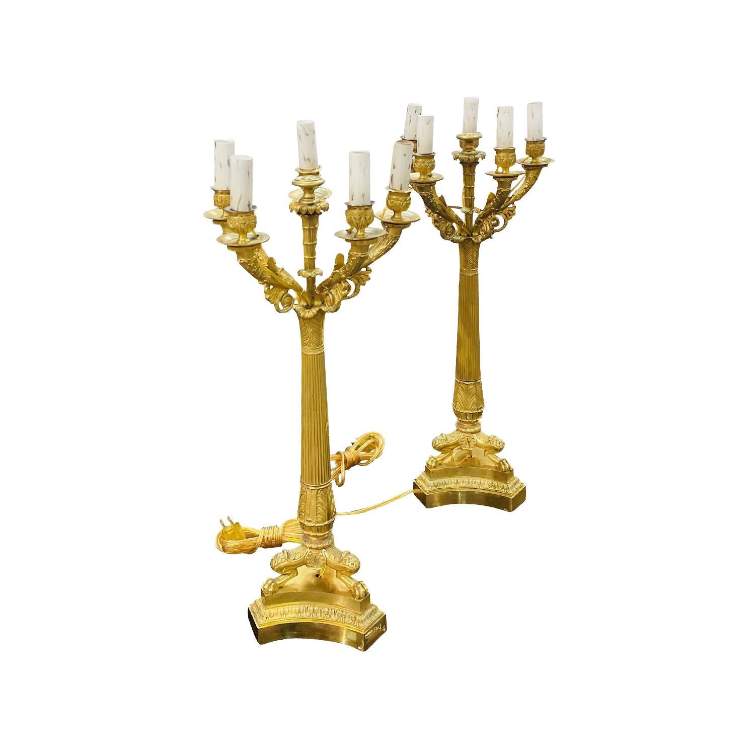 Hand-Crafted 19th Century French Pair of Charles X Bronze Candle Holders - Antique Lights For Sale