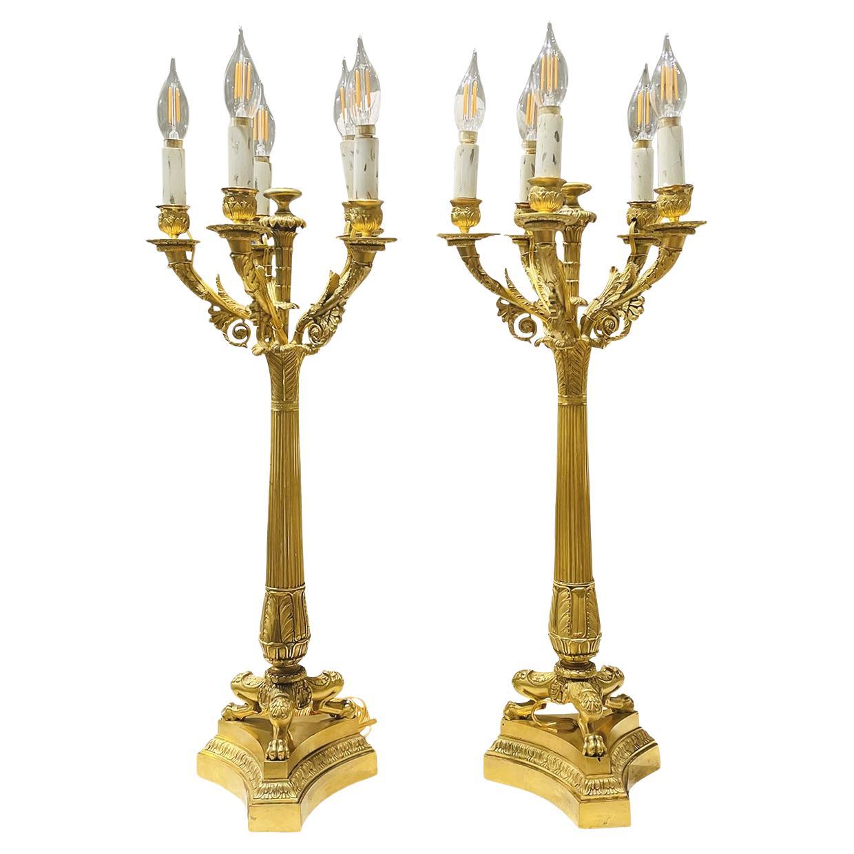 19. Jahrhundert Französisch Paar Charles X Bronze Kerzenständer - Antike Lights