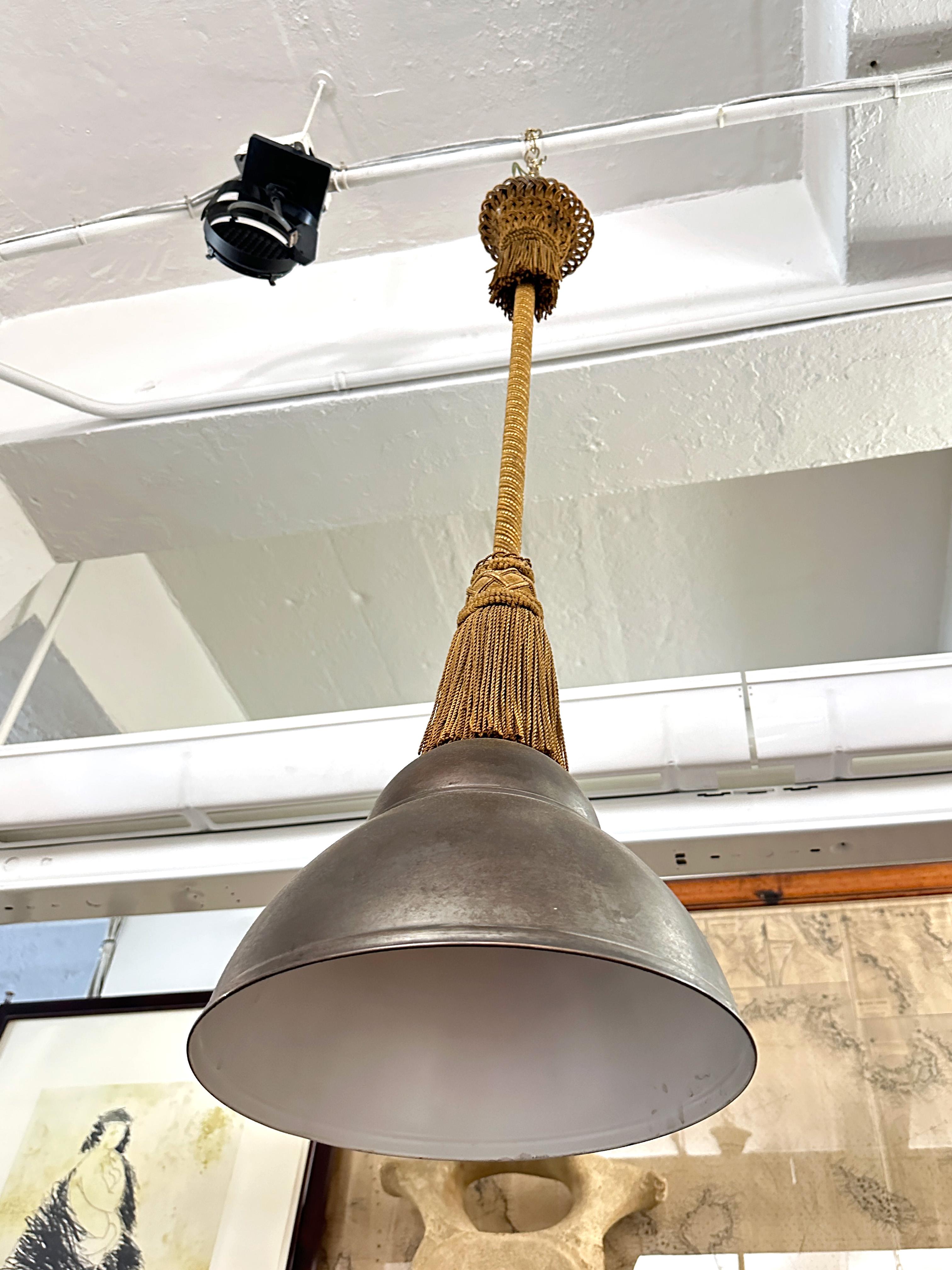 19th Century French Pair of Copper Pendant Lights with Detailed Gold Tassel  In Good Condition For Sale In New York, NY