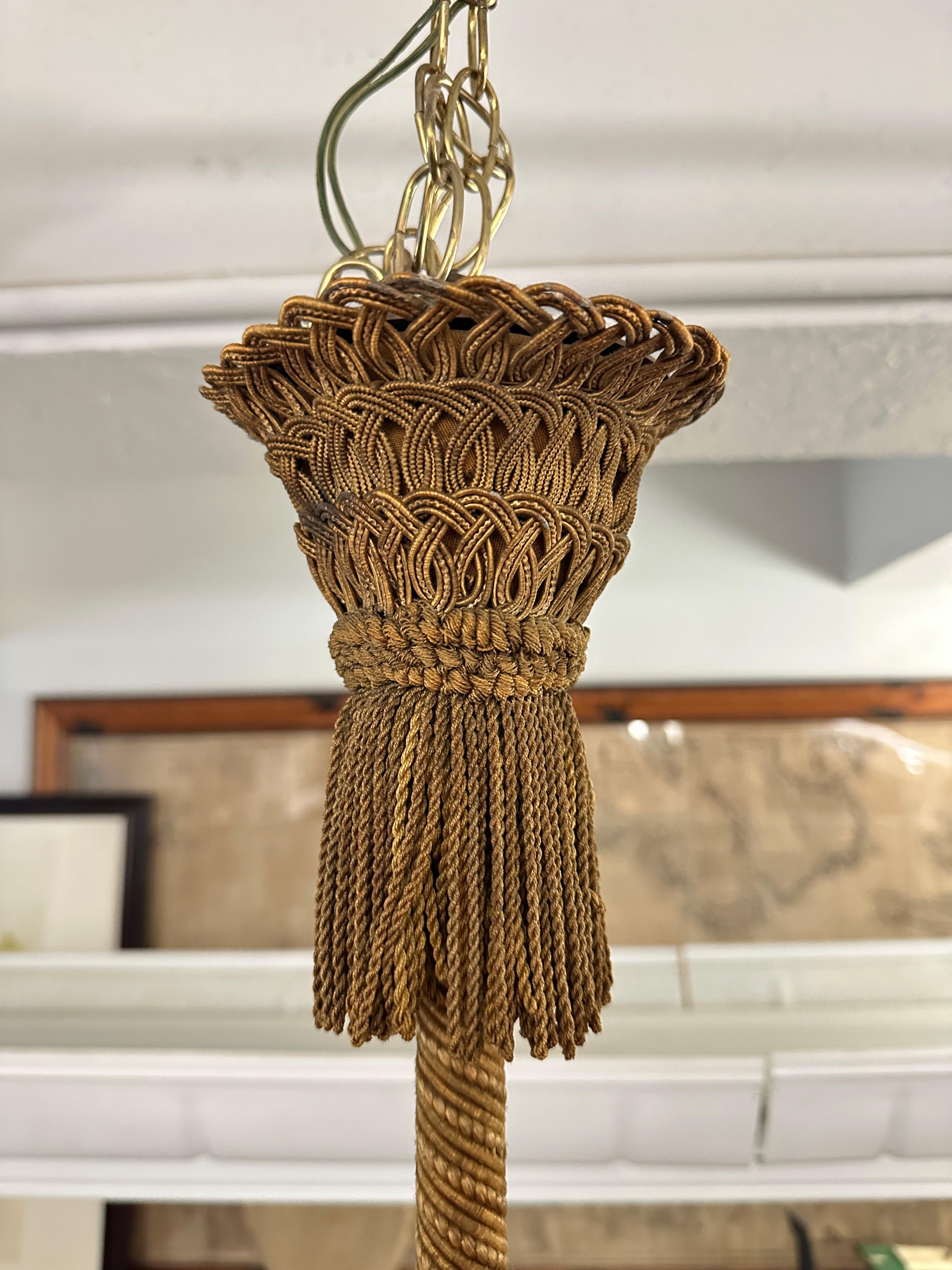 19th Century French Pair of Copper Pendant Lights with Detailed Gold Tassel  For Sale 1