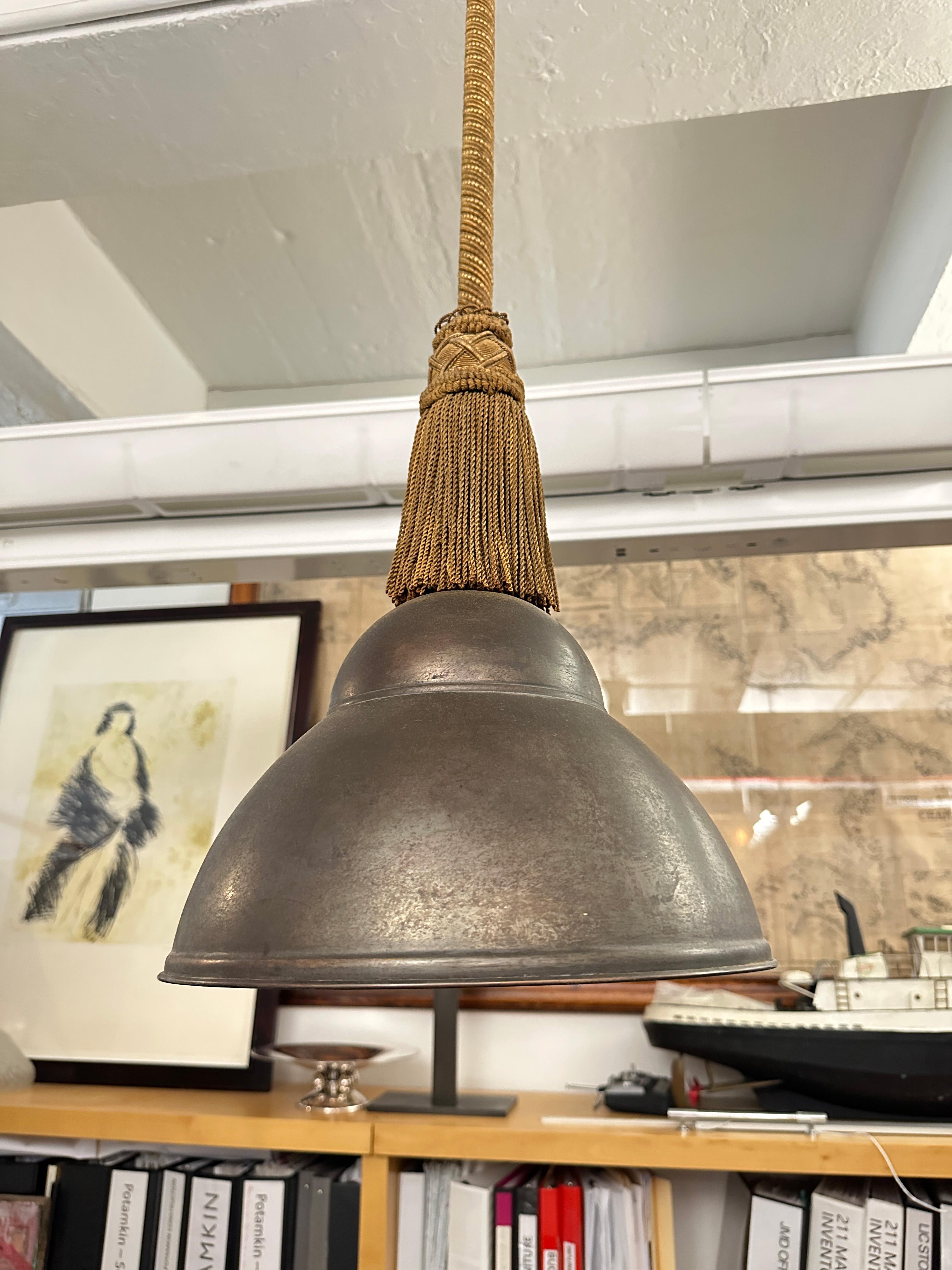 19th Century French Pair of Copper Pendant Lights with Detailed Gold Tassel  For Sale 4