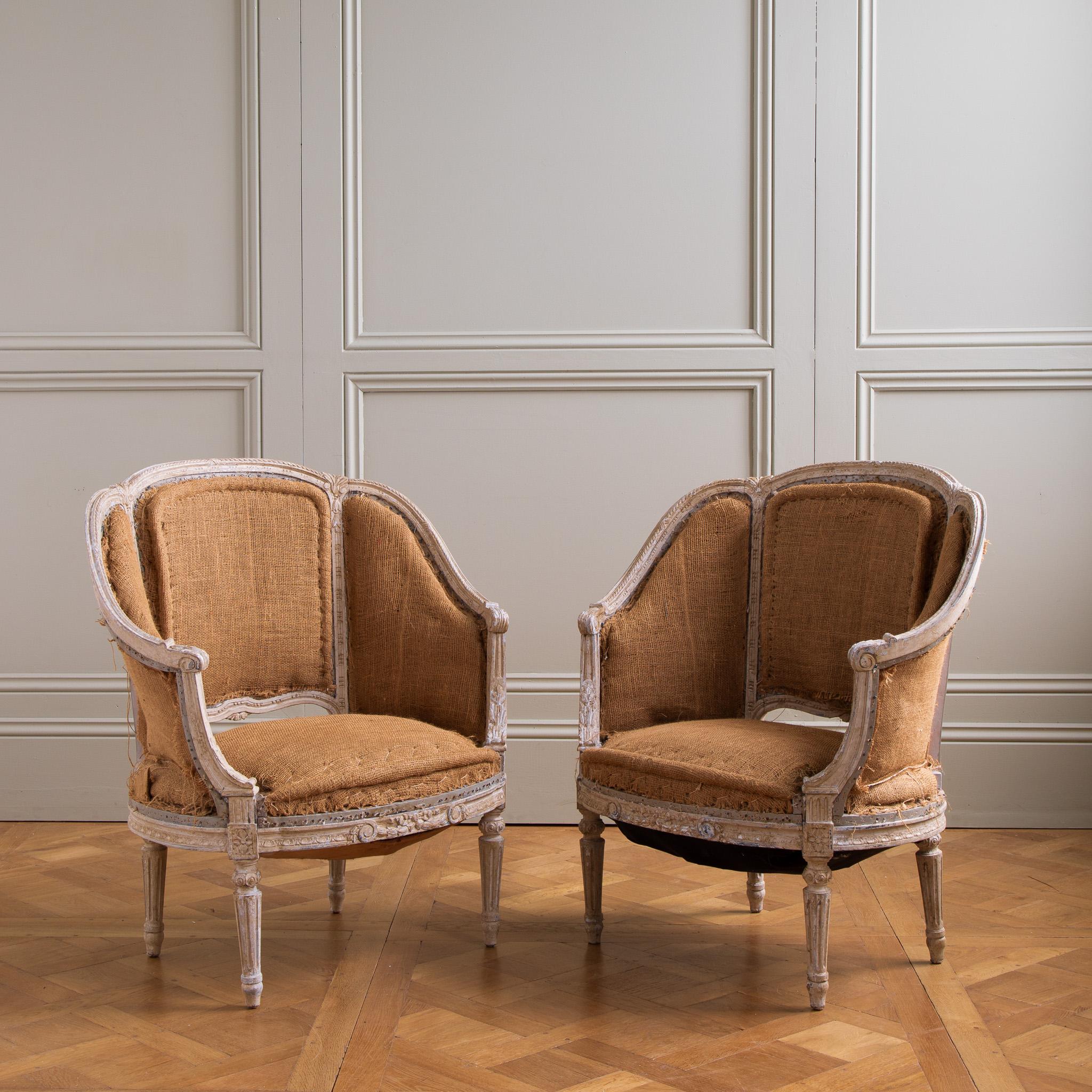 Hand-Carved 19th Century French  Pair Of Corbeille Bergere Armchairs  For Sale