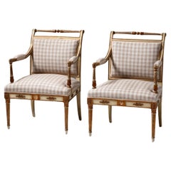 19th Century French Pair of Directory-style Armchairs Upholstered in Vichy