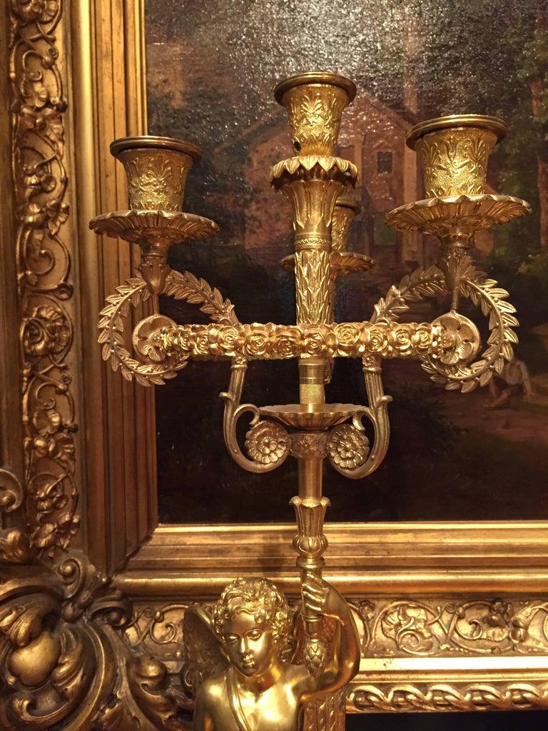 19th Century French Pair of Empire Candelabra Gilded Flambeaux with Putti For Sale 7